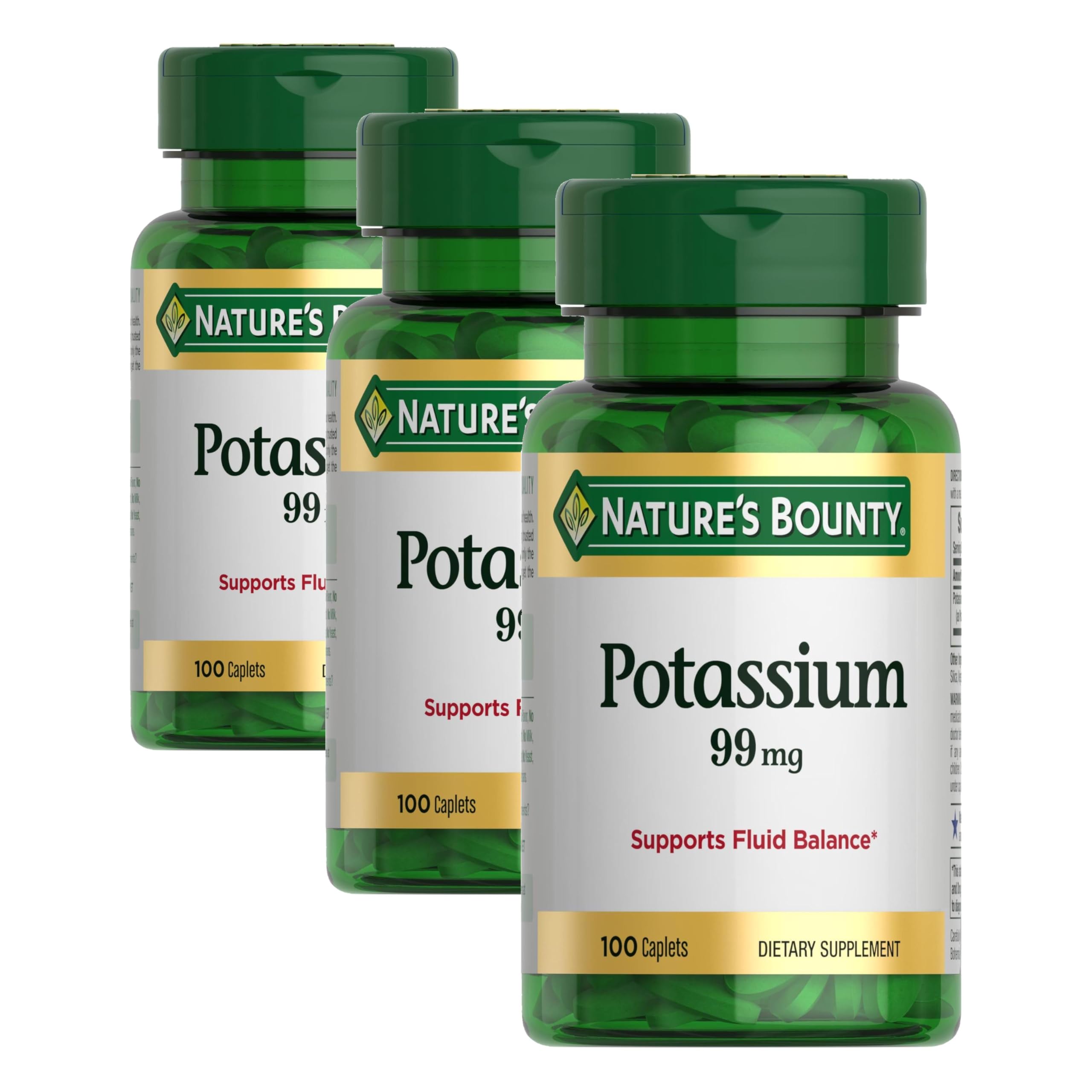 Nature's Bounty Potassium 99mg,Supports Fluid Balance&Muscle Activity,Involved in Normal Heart Function,Potassium Gluconate Dietary Supplement,Gluten Free,1 Per Day, 100 Vegetarian Caplets (Pack of 3) 100 Count (Pack of 3)