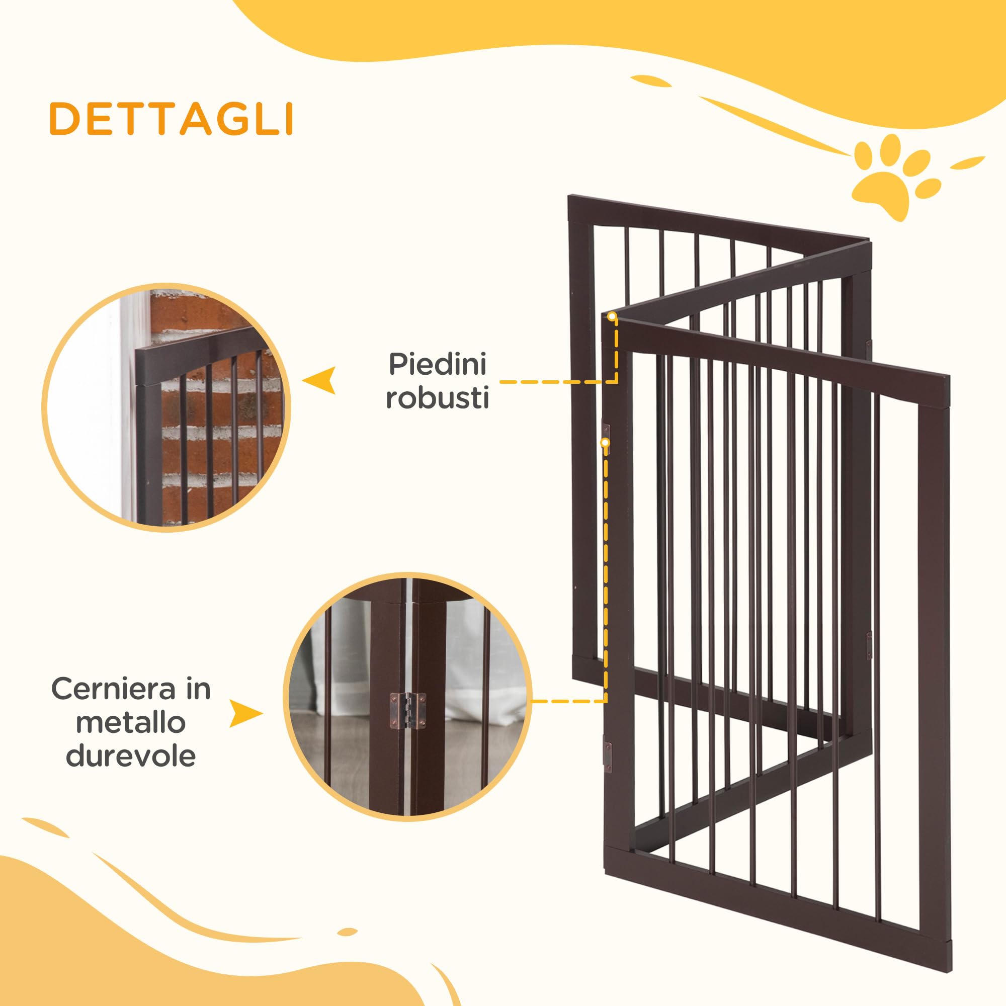 PawHut Cancellino Portatile da 3 Sezioni per Cani e Animali Domestici Divisorio di Sicurezza Pieghevole, 160x1.2x76 cm, Marrone