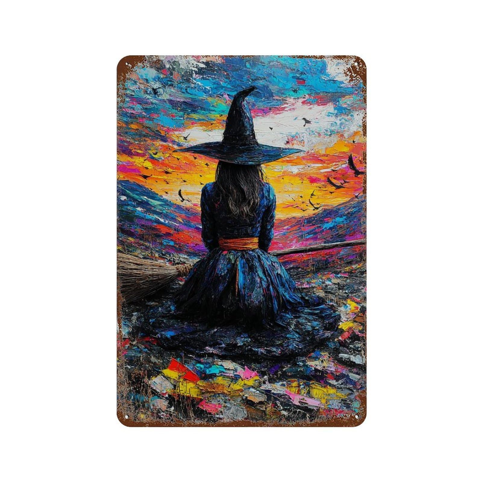 Garage Style Witch at Sunset Weathered Tin Sign 11.8"x7.9", Shabby Chic Decor for Bar And Workshop