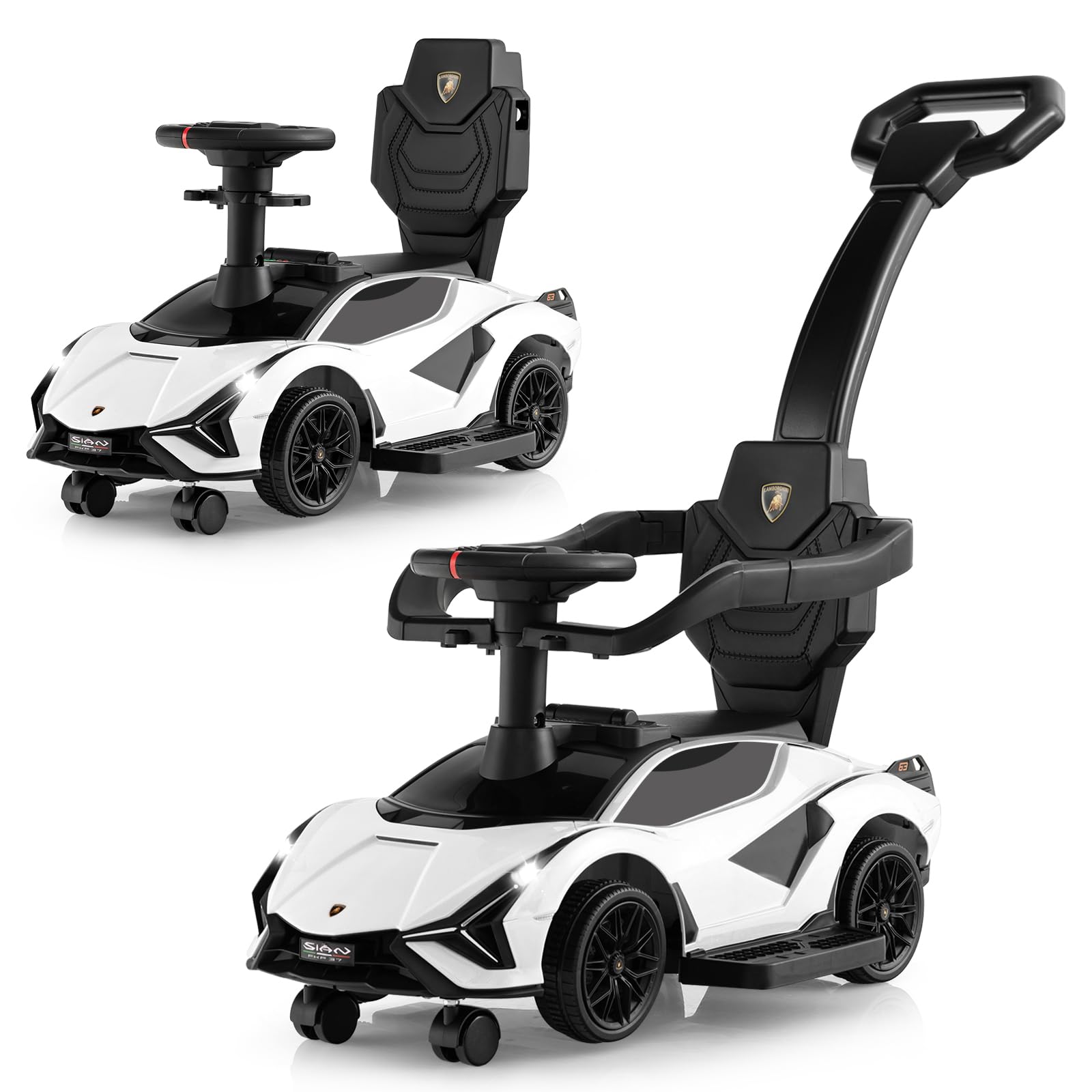 COSTWAY 3 en 1 Coche Correpasillos para Niños, Coche de Empuje Lamborghini, Coche de Paseo para Niños con Barandillas y Manillar Desmontables, Música, Faros y Ruedas Universales Desmontables (Blanco)