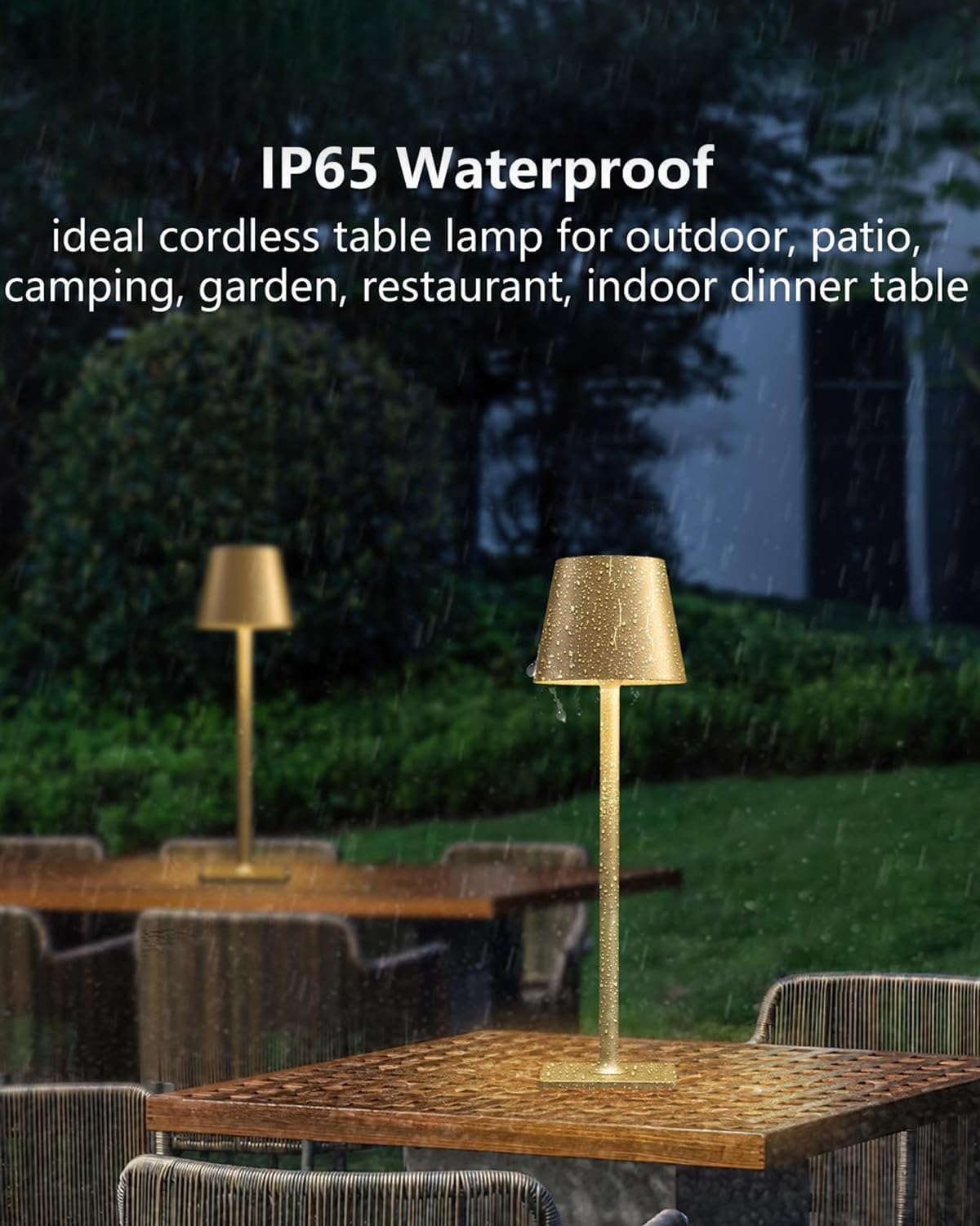 Fizrice Cordless Table Lamp, 6000mAh Battery Operated, 250LM Adjustable Brightness IP65 Height Adjustable - Set of 2 Gold Wireless Lamps for Restaurant Patio Bedside Outdoor Cafe & Home Decor