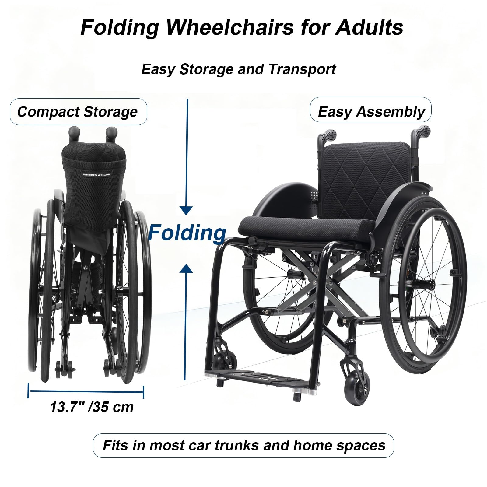 Silla de Ruedas plegable ligera, Aluminio,Autopropulsable | Adultos, portátil, Ultraligera, de tránsito, para traslado, Reposapiés extraíbles(A,40cm/15.7in Seat)