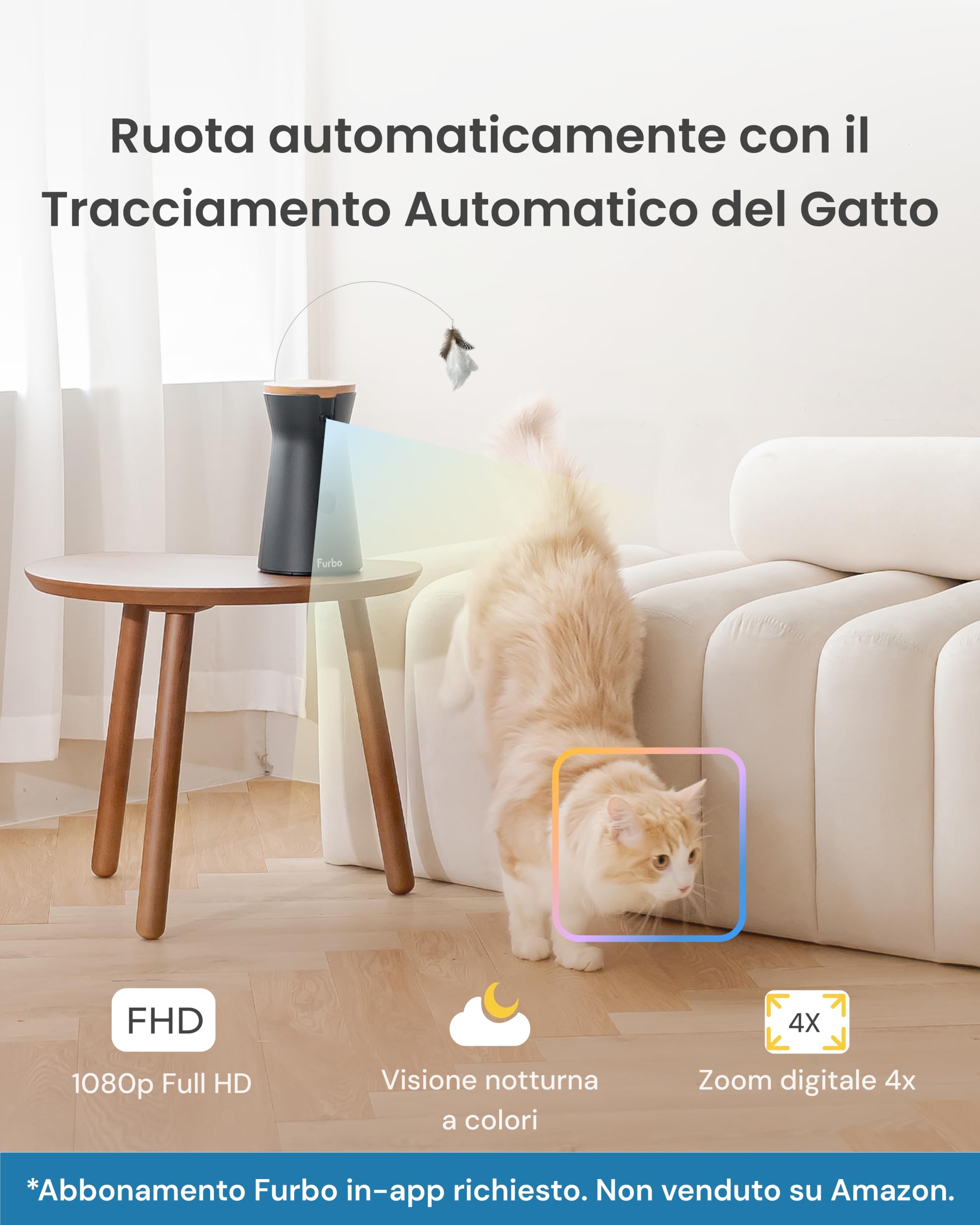 Furbo Videocamera 360° per Gatti con Pacchetto Sicurezza Casa [PREMIUM CON ABBONAMENTO RICHIESTO] Con App, Vista Rotante a 360°, Visione Notturna a Colori, Tracciamento Automatico, Lancio Croccantini