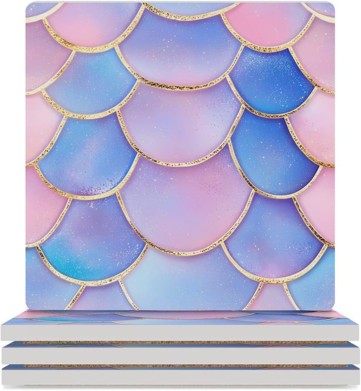 Mermaides Print Coasters for Drinks Square Table Coasters Set Cup Mats with Cork Base