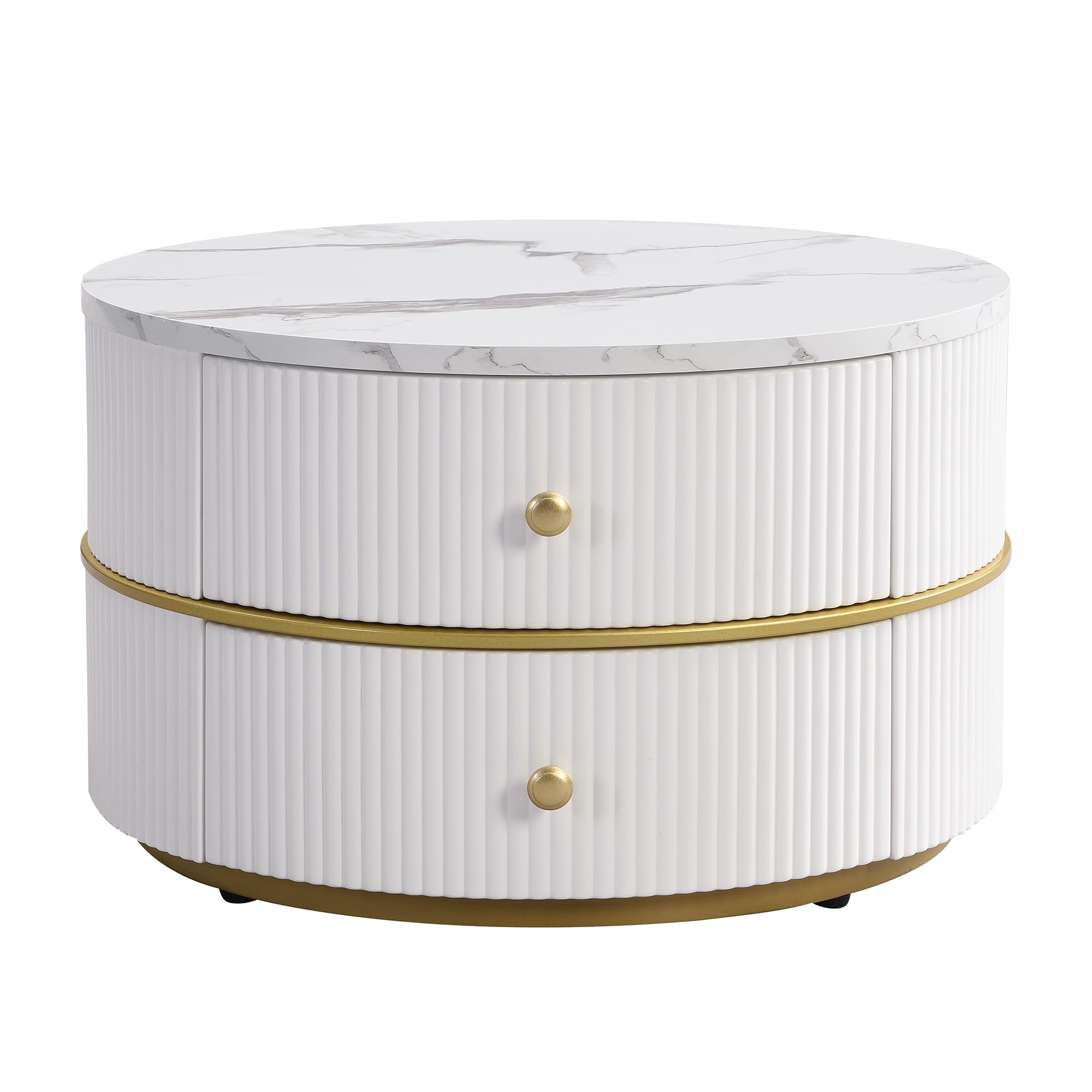 KAZZIO Elegante juego de 2 mesas de centro blancas en forma de nido, mesas redondas con aspecto de mármol brillante, 2 cajones, soporta hasta 30 kg, mesa de centro combinada de nido (blanco y dorado2)