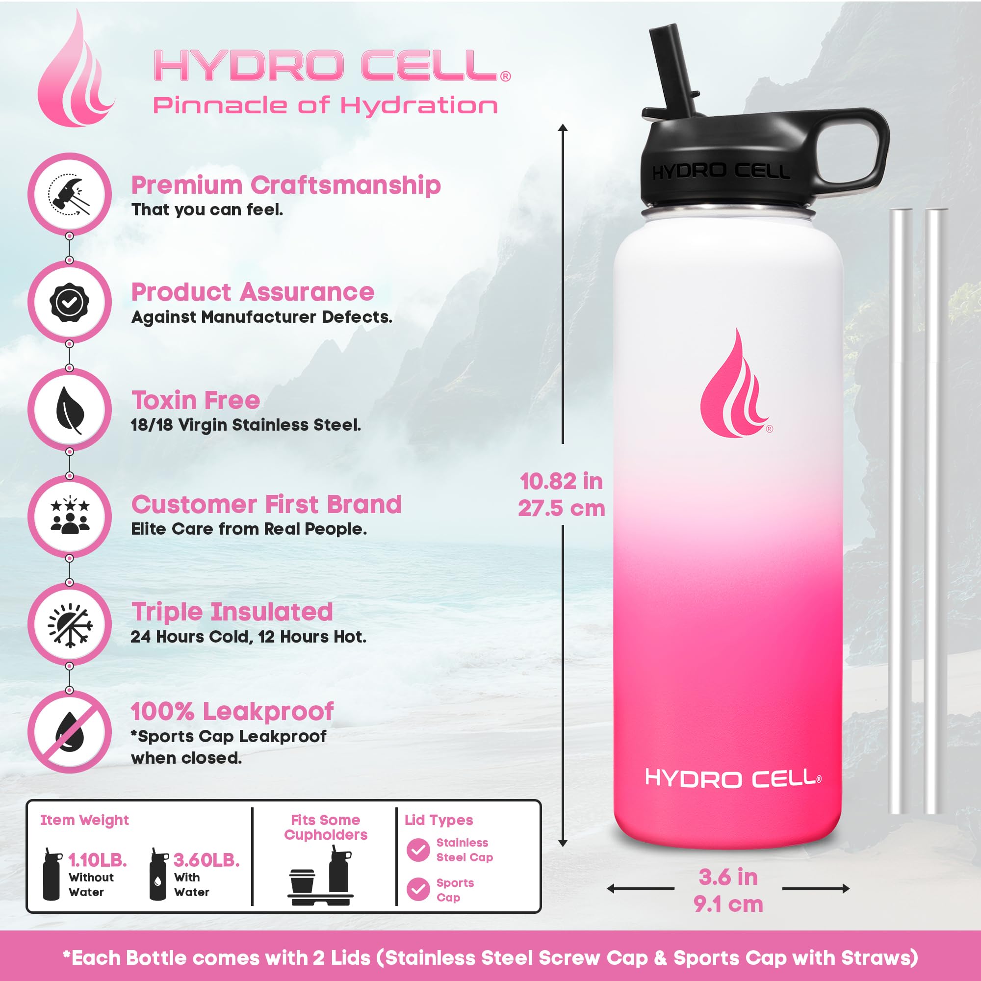 HYDRO CELL Isolierte Edelstahl-Wasserflasche mit Strohhalm – für kalte und heiße Getränke – Metall-Vakuumflasche mit Schraubverschluss und moderner, auslaufsicherer Sport-Thermoskanne für Erwachsene