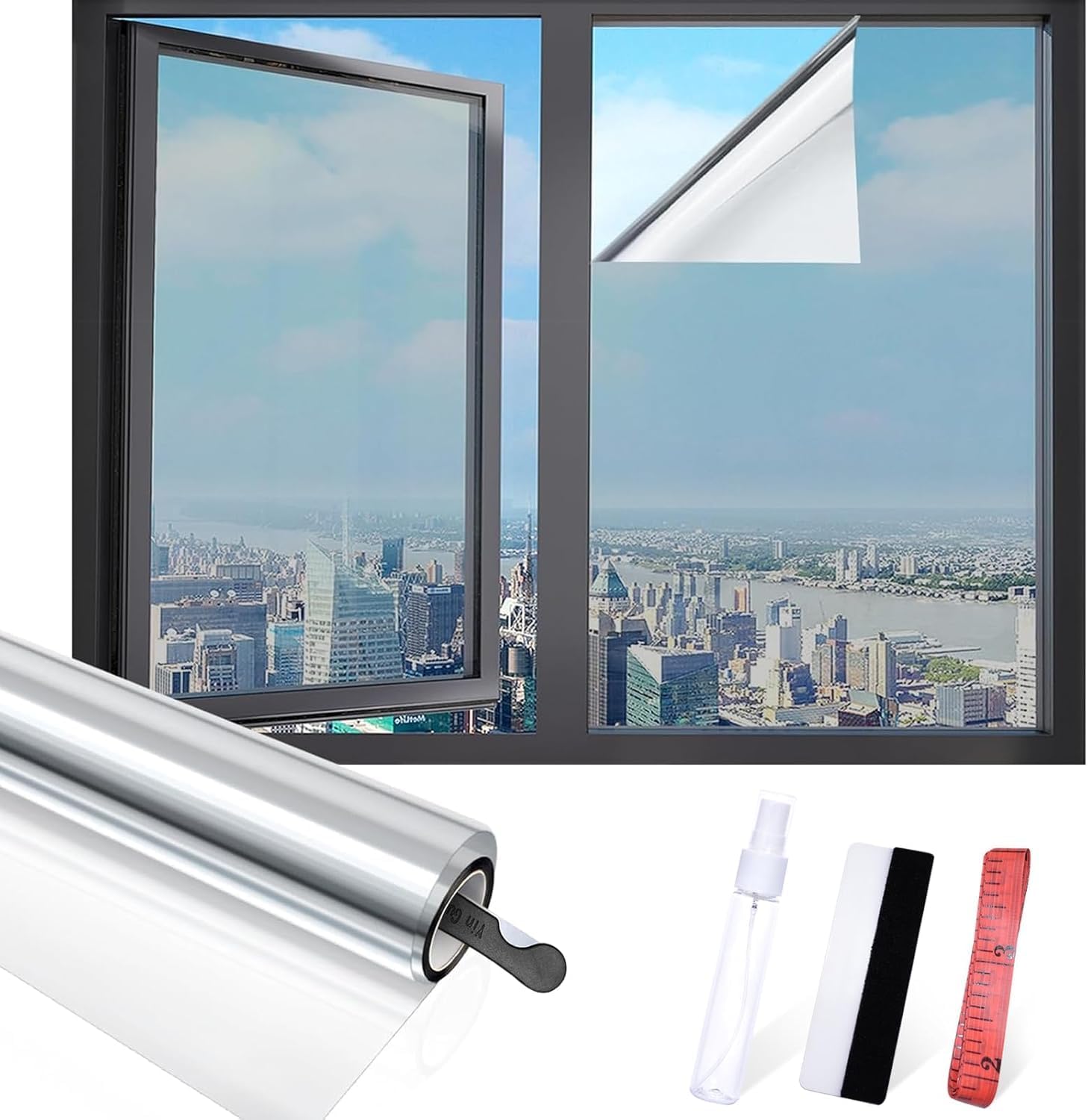 Window Film, Window Privacy Film with Free Installation Tools, One Way Daytime Privacy Window Film Static Cling Reflective Heat Control Window Tint for Home Office (Silver, 35.4 Inch X 6.5 Feet) Silver 35.4 Inch X 6.5 Feet