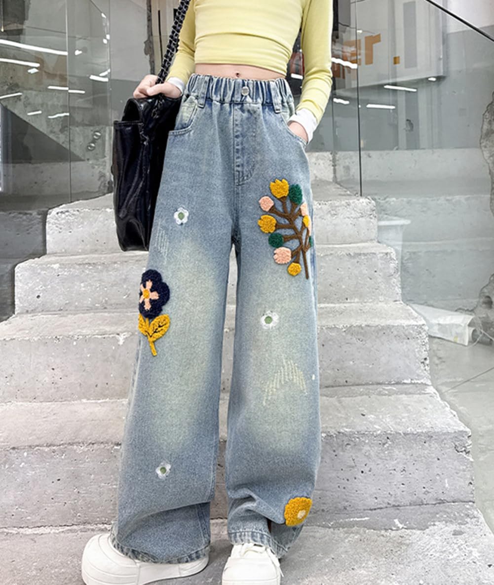 HBER Jeans holgados de pierna recta para niña, estilo casual, Y2K, bonitos pantalones de mezclilla bordados con cintura elástica para niños, adolescentes y niñas