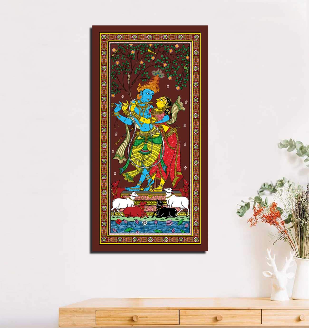 IMAGING CANVAS® Dancing RadhaKrishna Pattachitra Indian God | Framed Wall Hanging Oil Painting | Gift and Home/Office Decor | (Set of 4) (Radha Krishna-1pc)
