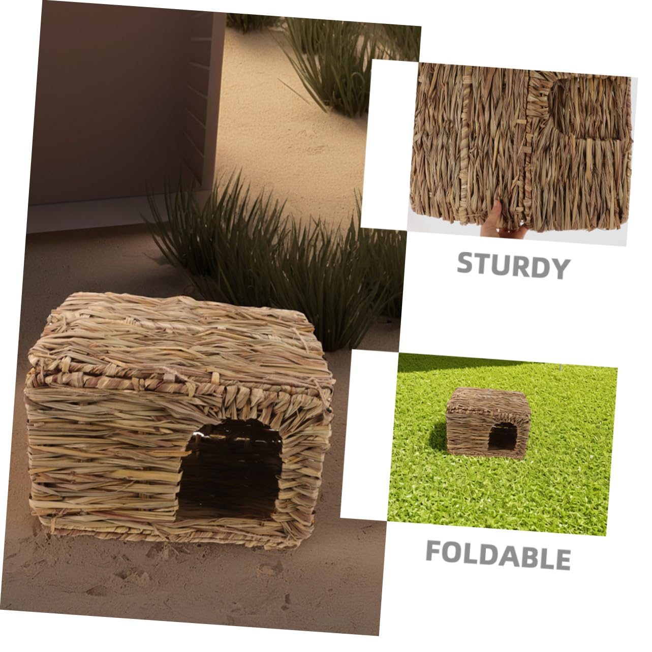 Hemobllo Casa per Conigli in Paglia Intrecciata, Rifugio Pieghevole per Piccoli Animali, 2 Pezzi, Interno ed Esterno, per Riposo Confortevole