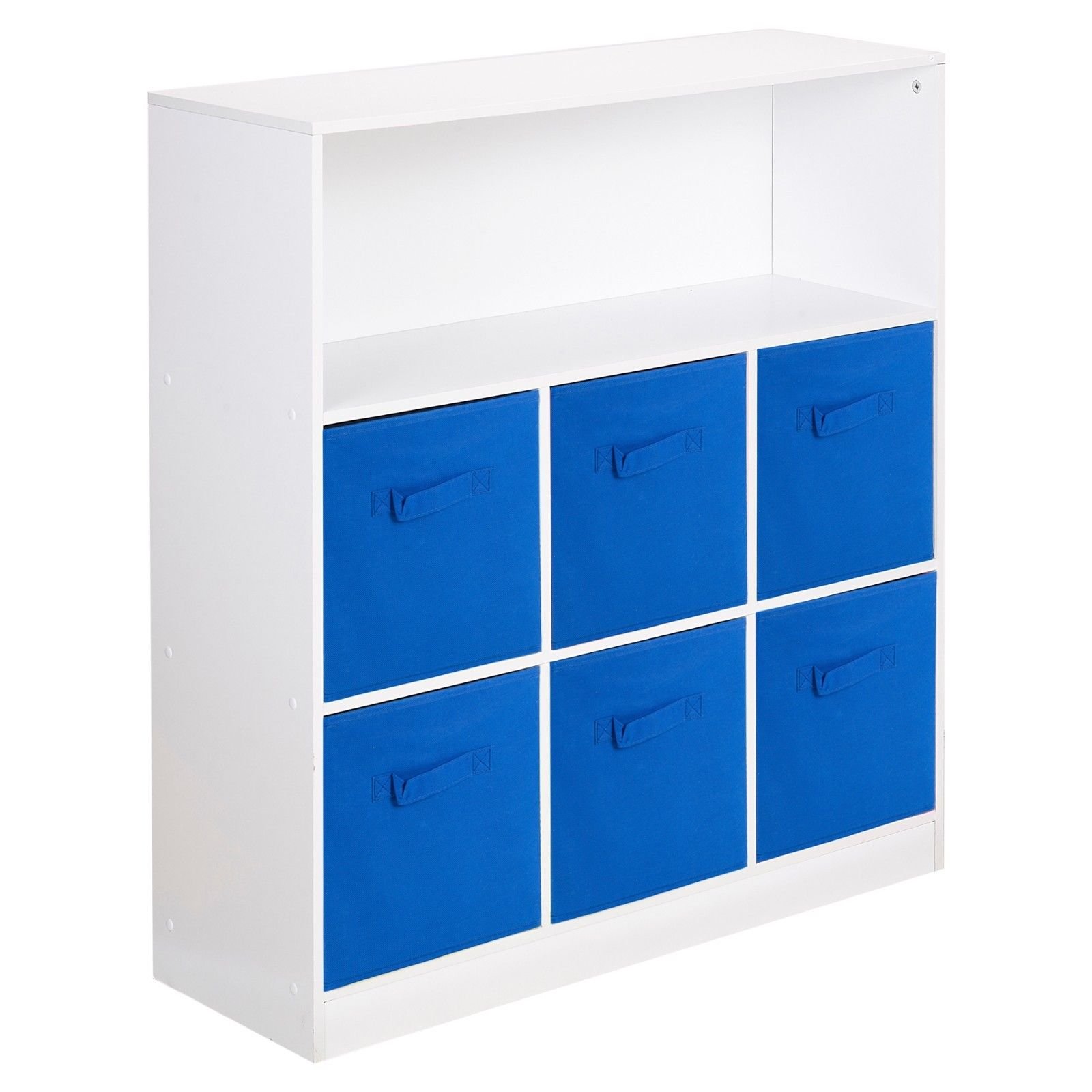 URBNLIVING White Wide 7 Cube Bookcase + 6 Dark Blue Non Woven Drawers