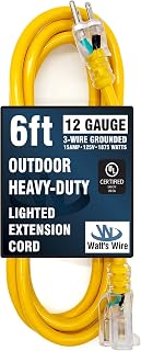 6 ft - 12 Gauge Heavy Duty Outdoor Extension Cord - Power Cord w/Lighted Outlet - SJTW Indoor/Outdoor Yellow - 6 ft 12 AWG 15 Amp Extension Cord - by Watt's Wire