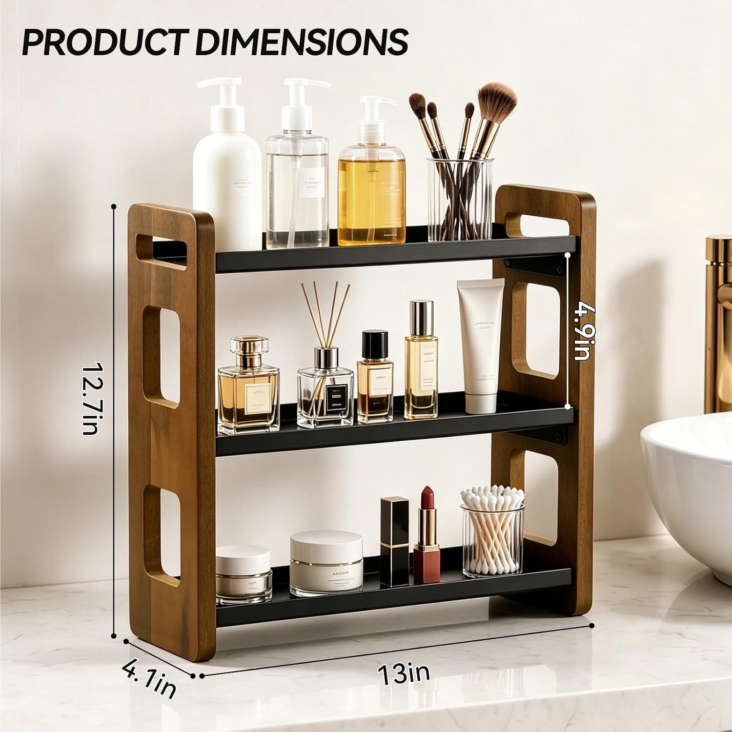 3-Tier Acacia Wood Bathroom Countertop Organizers and Storage, Vanity Bathroom Sink Organizer Shelf for Skin Care Makeup Cologne and Perfume, Small Countertop Storage Organizer for Dresser