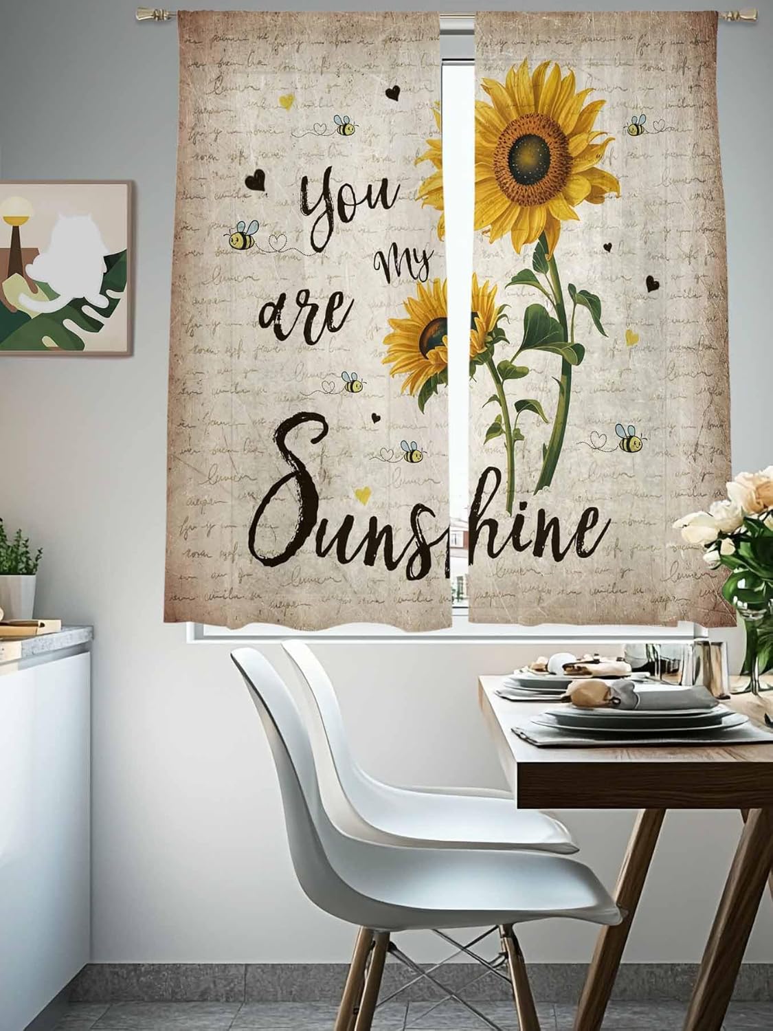 Sunflower Voile Sheer Curtain 63 Inch, Rod Pocket Rustic Yellow Floral Sheer Window Curtain Panels, Vintage Retro Beige Newspaper Letter Semi-Sheer Tulle Drape Chiffon Fabric for Bedroom Living Room