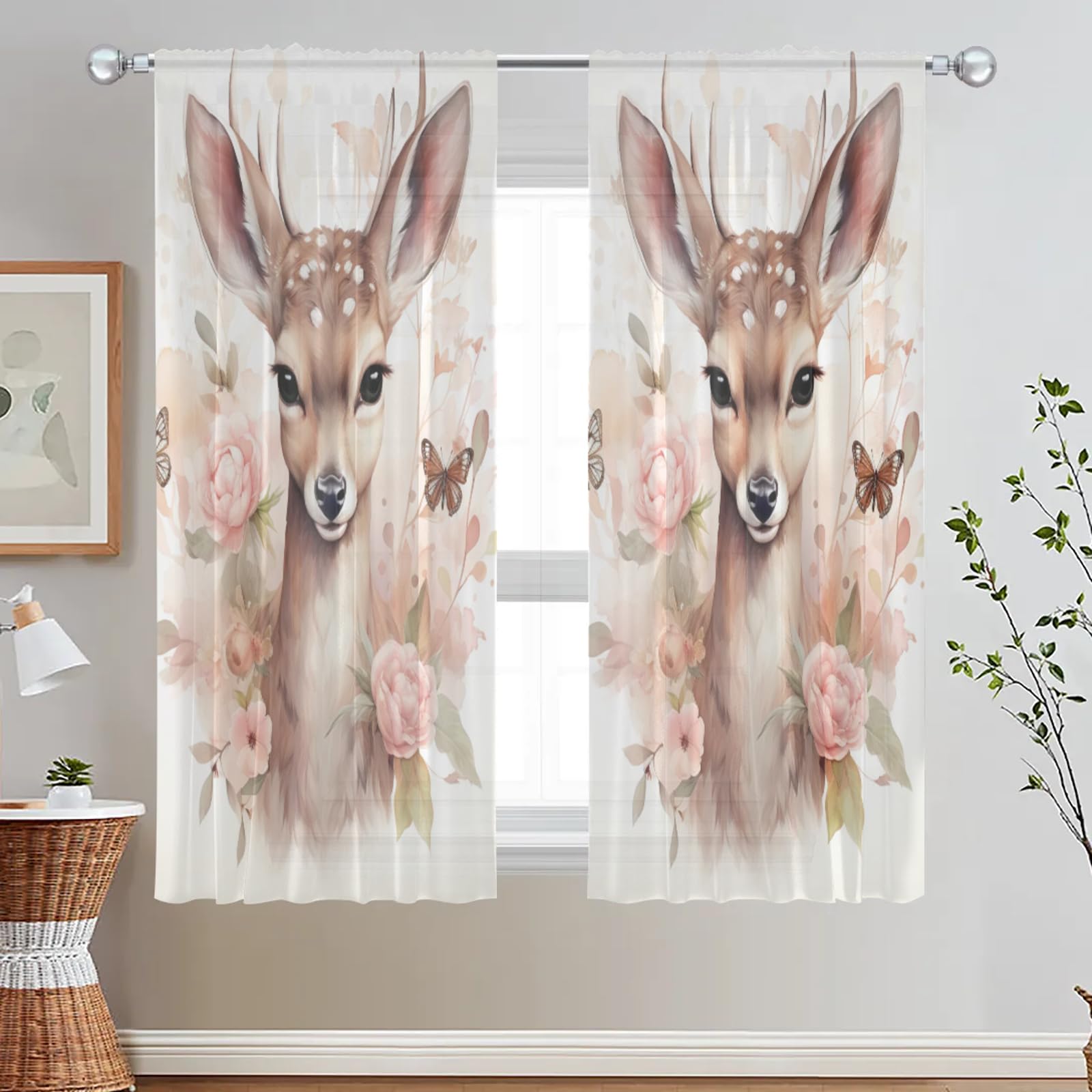 Hexteria Cute Deer Short Sheer Curtains 54 Inch Length 2 Panels Rod Pocket Voile Sheer for Bedroom Living Room Window Curtains Drapes