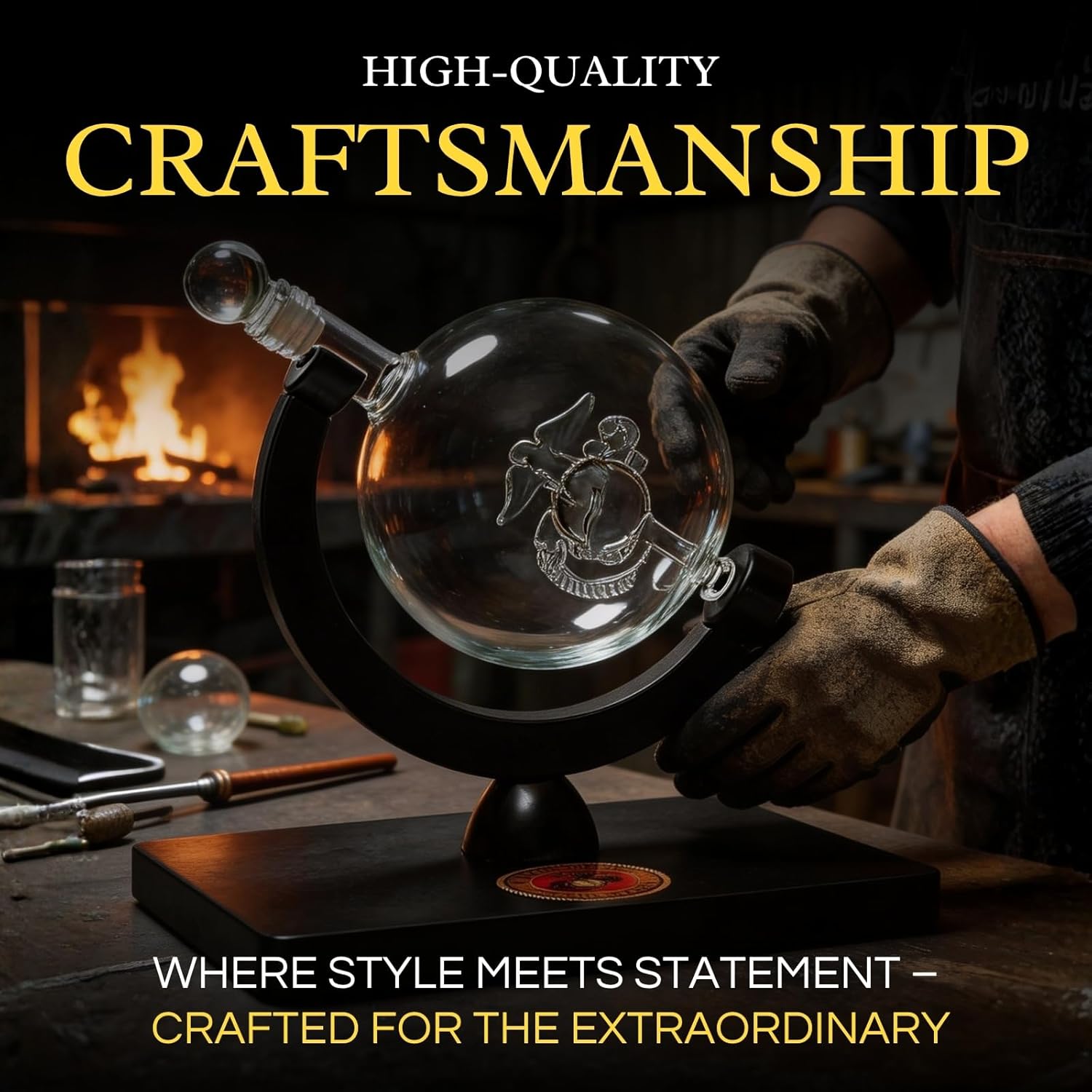 U.S. Marine Globe Whiskey Decanter Set with 4 Liquor Glasses - USMC Gift Set with Mahogany Wood Base & Emblem - USMC Gifts for Men, Bourbon & Scotch Military Gift (29 OZ)