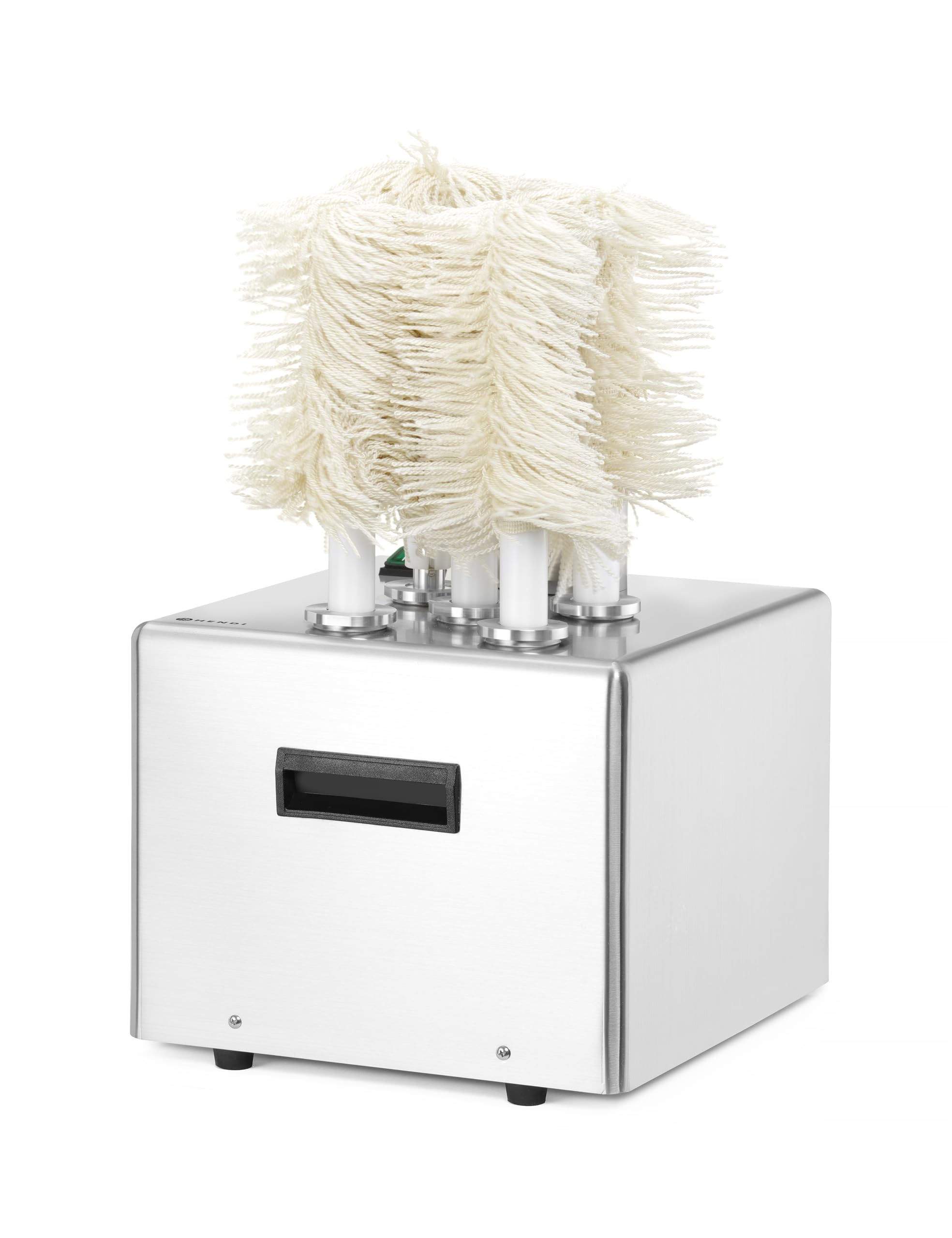 HENDI Lucidatrice per bicchieri in vetro, macchina professionale con 5 spazzole rimovibili per la lucidatura e l'asciugatura di bicchieri in vetro, 220-240V, 50/60Hz, 1350W, 330x305x(H)504mm, inox