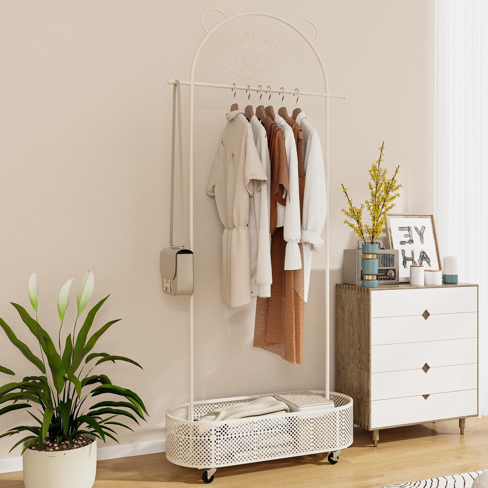 COSTWAY Perchero Infantil, Burro Ropa Altura Ajustable en 130/150/182 cm, Perchero Burro Ropa con Dibujo de Oso, 4 Ruedas Universales, Cesta de Almacenamiento lnferior para Niños y Adultos (Blanco)