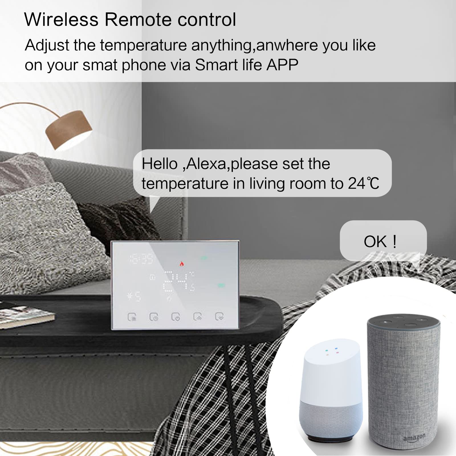 Inteligentny termostat RF Wifi do ogrzewania elektrycznego Programowalny termostat ścienny współpracuje z Alexa Google Home, wyświetlacz dotykowy bezprzewodowy regulator temperatury, bateria 2AA