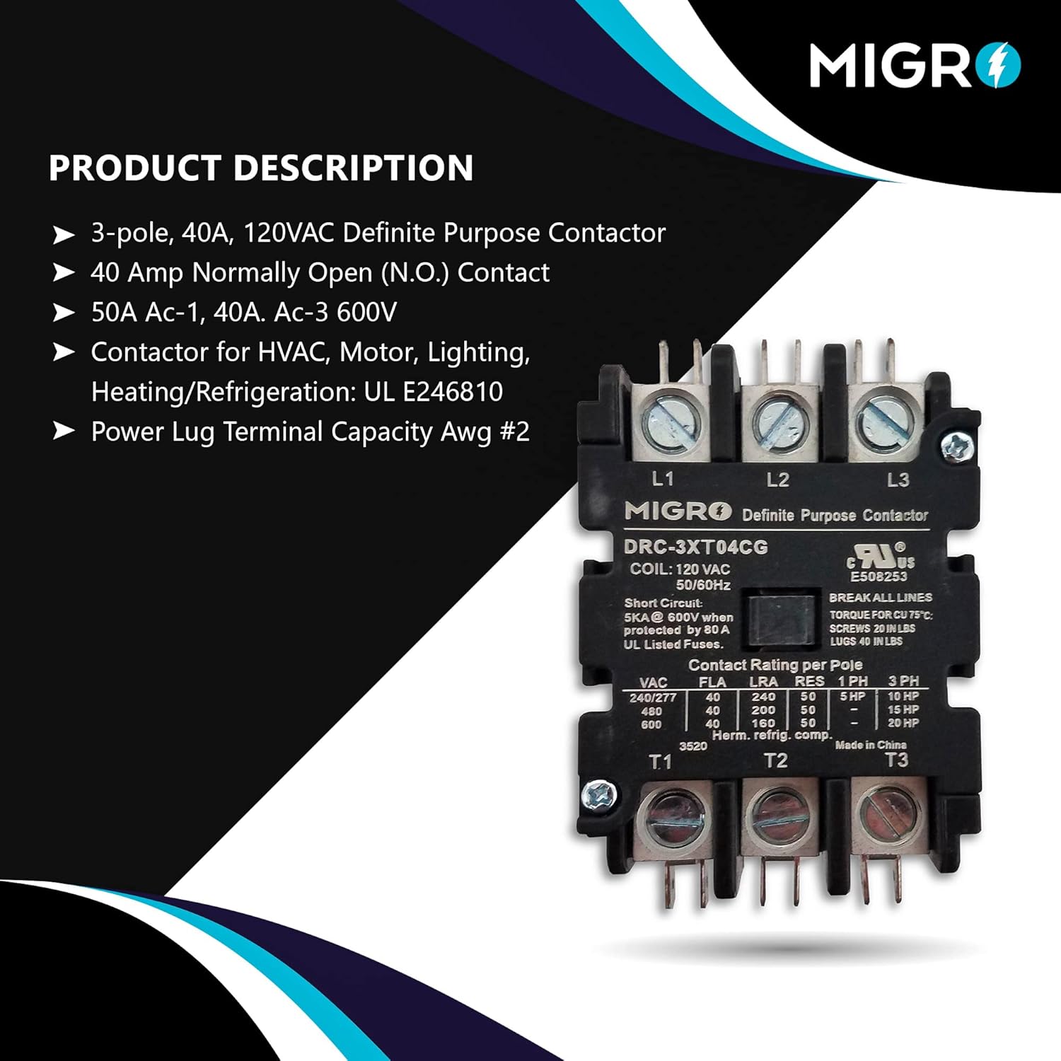 Migro 3 Pole, 40 Amps, 110/120 VAC Coil Heavy Duty AC Contactor Replaces Virtually All Residential 3 Pole Models
