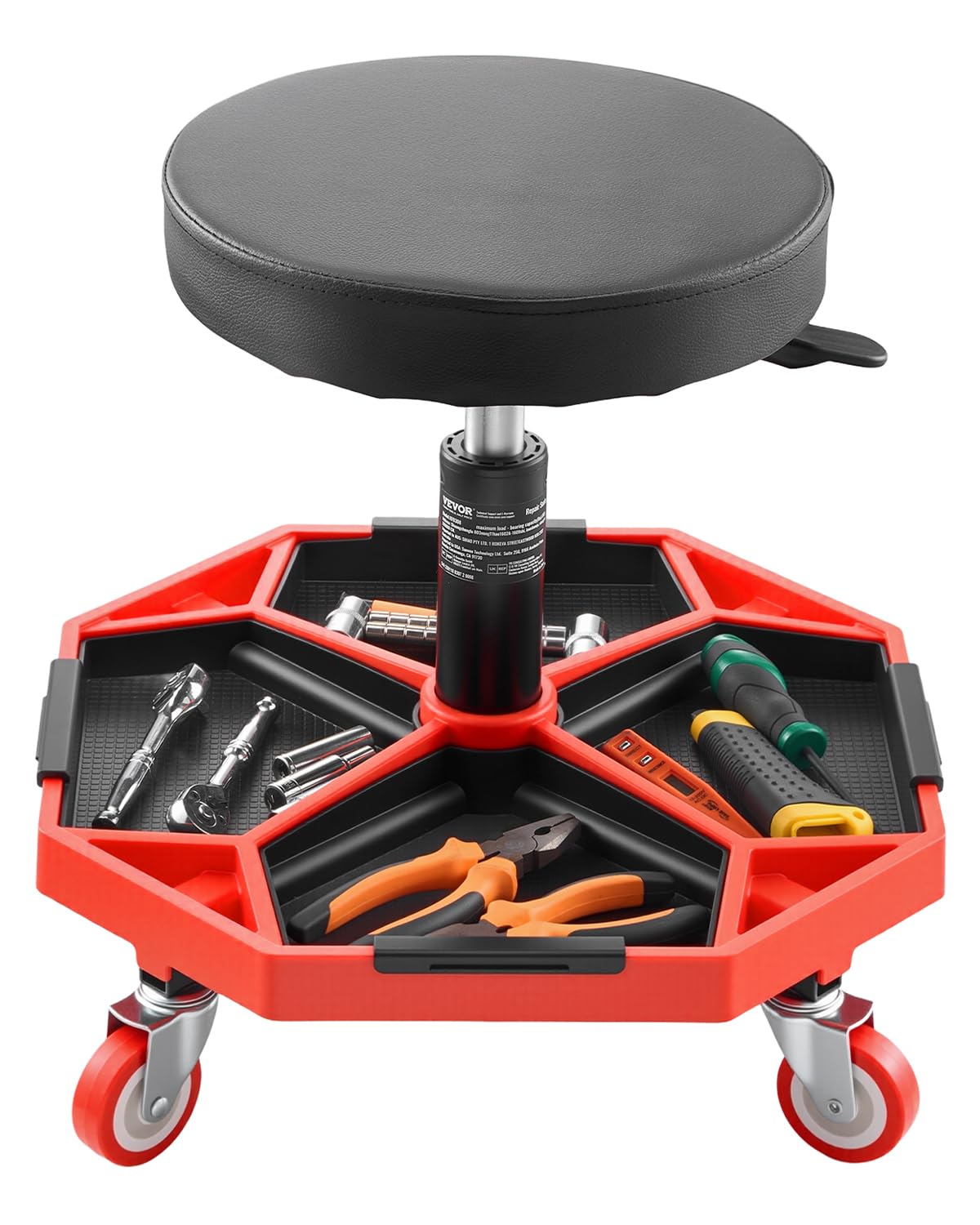 VEVOR Rollbarer Werkstatthocker Werkstattsitz (136 kg Tragkraft) Garagensitz Arbeitshocker, höhenverstellbar (420–550 mm), Rollsitz mit Werkzeugablage für Garage Werkstatt Autoreparatur, Schwarz+Rot