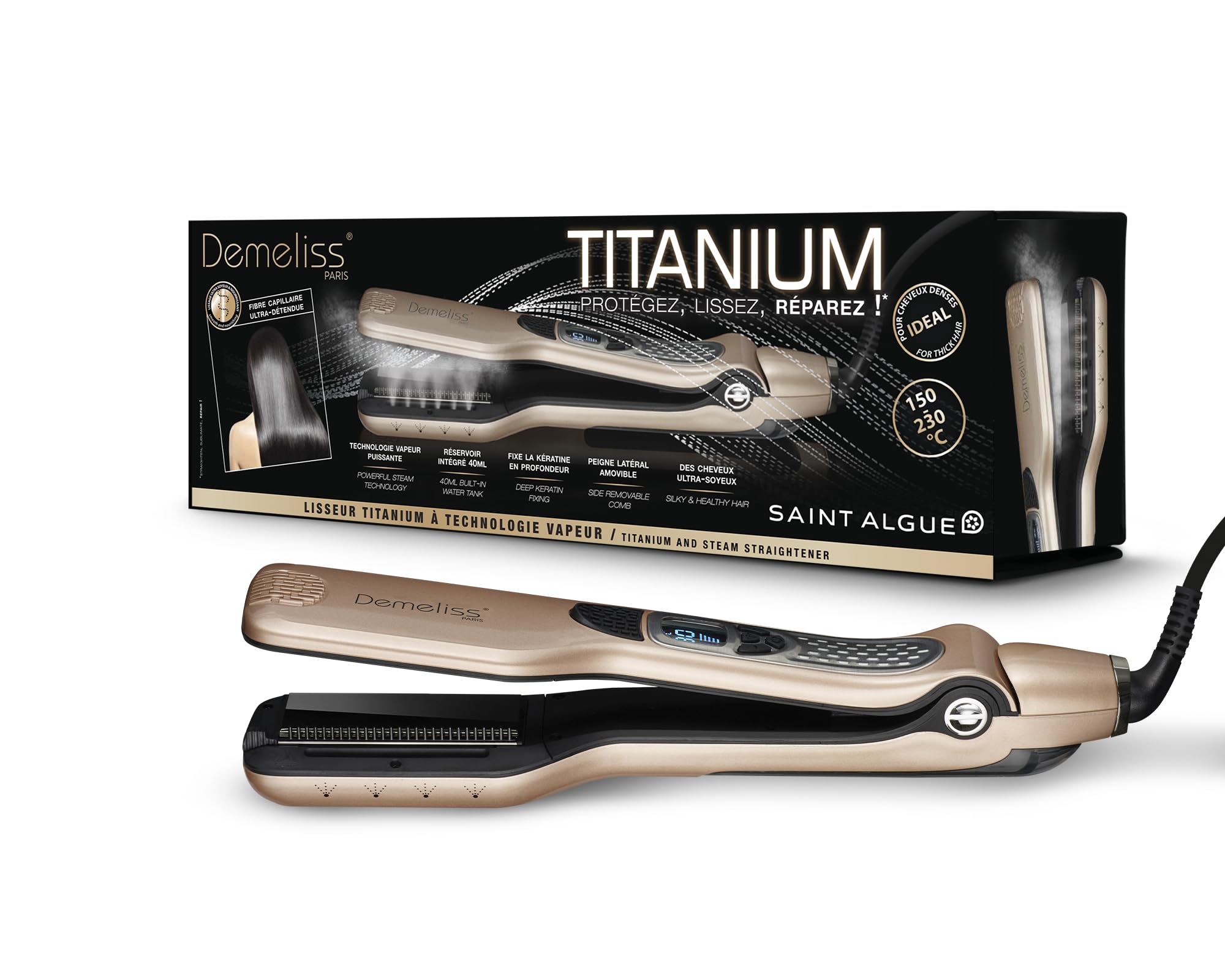 SAINT ALGUE Demeliss Titanium - Professional Titanium Wide Straightener with Steam Technology, for All Hair Types, Temperature from 150 ° to 230 °, 40 ml Water Tank - Gold/Black