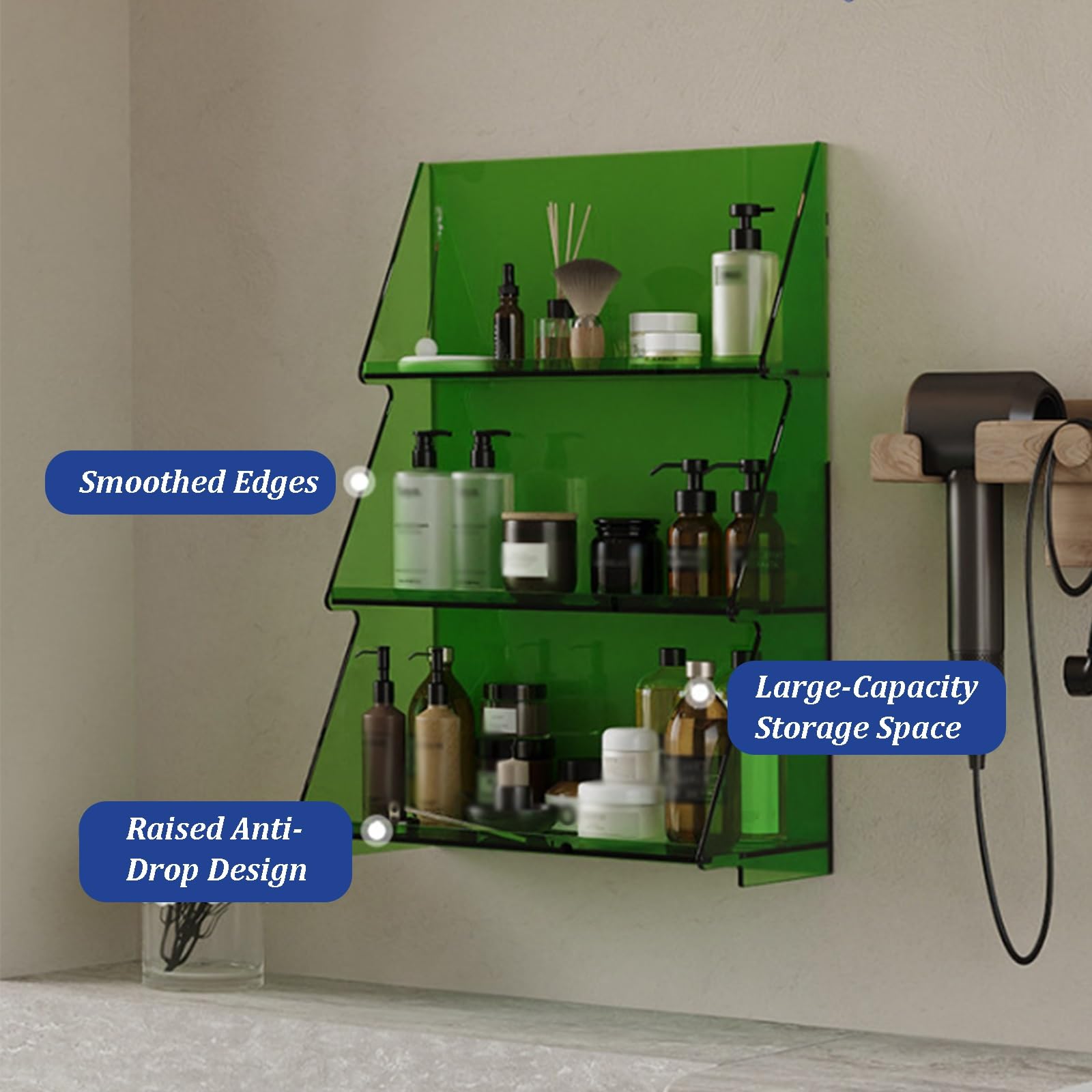 Estante De Almacenamiento De Acrílico De 3 Niveles para Montaje En Pared, Repisas Flotantes con Diseño De Borde Elevado, Organizador De Maquillaje Sin Perforaciones(Clear)