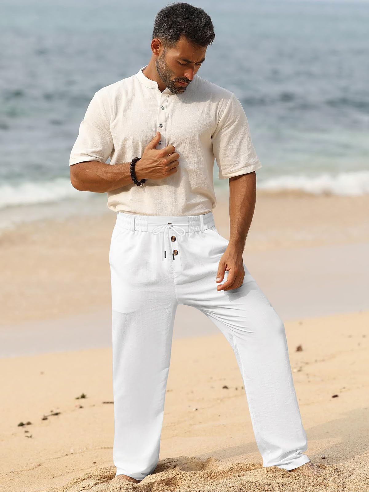 Pantalones de lino para hombre, ligeros, con cordón elástico, bolsillos en la cintura, ajuste holgado, pierna recta, verano, playa, yoga