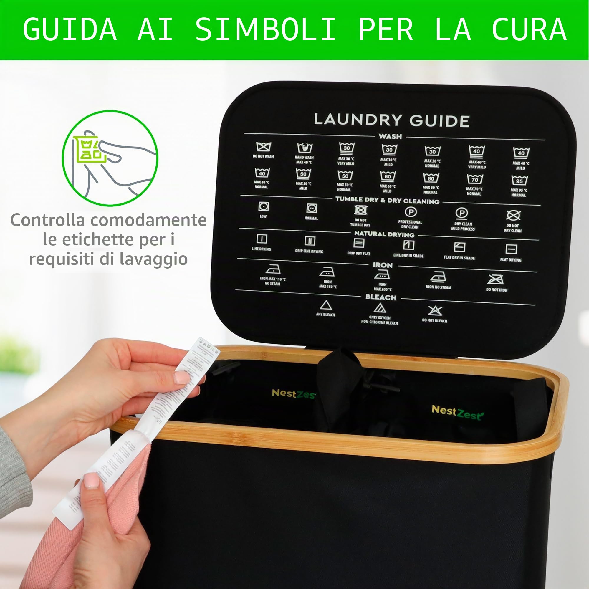 Nest Zest - Cesto portabiancheria doppio da 100L con coperchio, 2 scomparti per ordinare il bucato, cesto portabiancheria con guida per la cura e 2 sacchetti interni rimovibili, cesto per vestiti