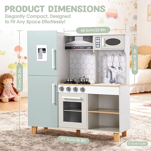 Miniatura 2 de Juego de cocina de juguete de madera para niños con luces y sonidos simulados, juego de cocina de juego de simulación con fregadero, estufa,