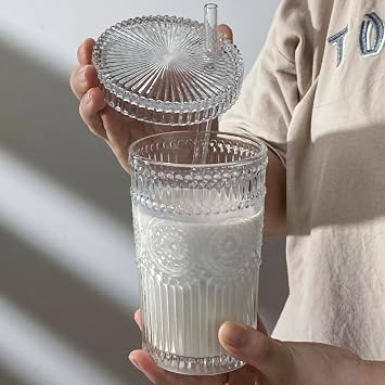 13 oz Vertical Stripe Glass Cup,Striped Glass Cups with Lids and Straws Cute Stripes Iced Coffee Glasses Drinking Glasses for Water,Iced Coffee,Milk,Tea,Juice Sunflower Cup