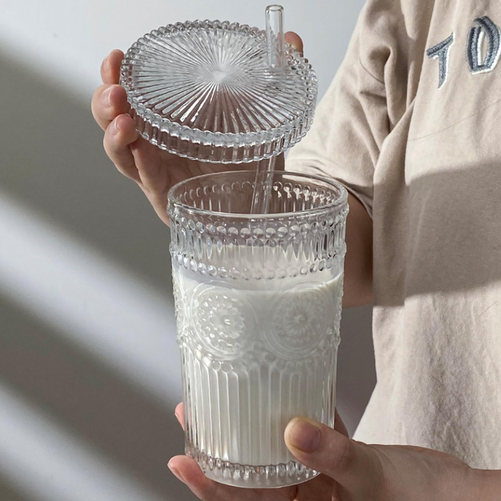 ACOOH 13 oz Vertical Stripe Glass Cup,Striped Glass Cups with Lids and Straws Cute Stripes Iced Coffee Glasses Drinking Glasses for Water,Iced Coffee,Milk,Tea,Juice (Sunflower Cup)