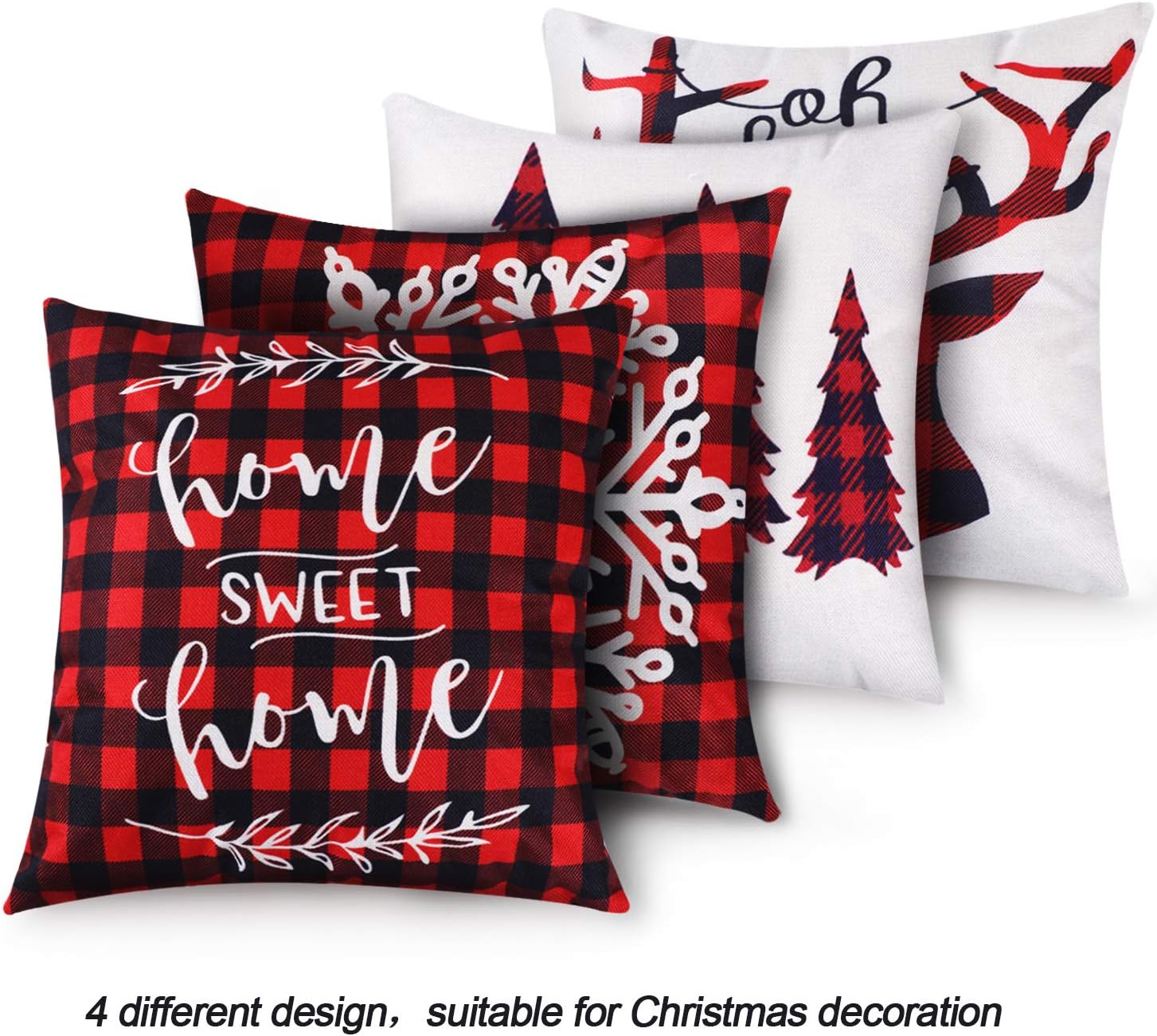 Jetec 4 Pieces Christmas Pillow Case Buffalo Plaid Throw Cushion Cover Linen Pillow Winter Decorations, 18 by 18 Inch