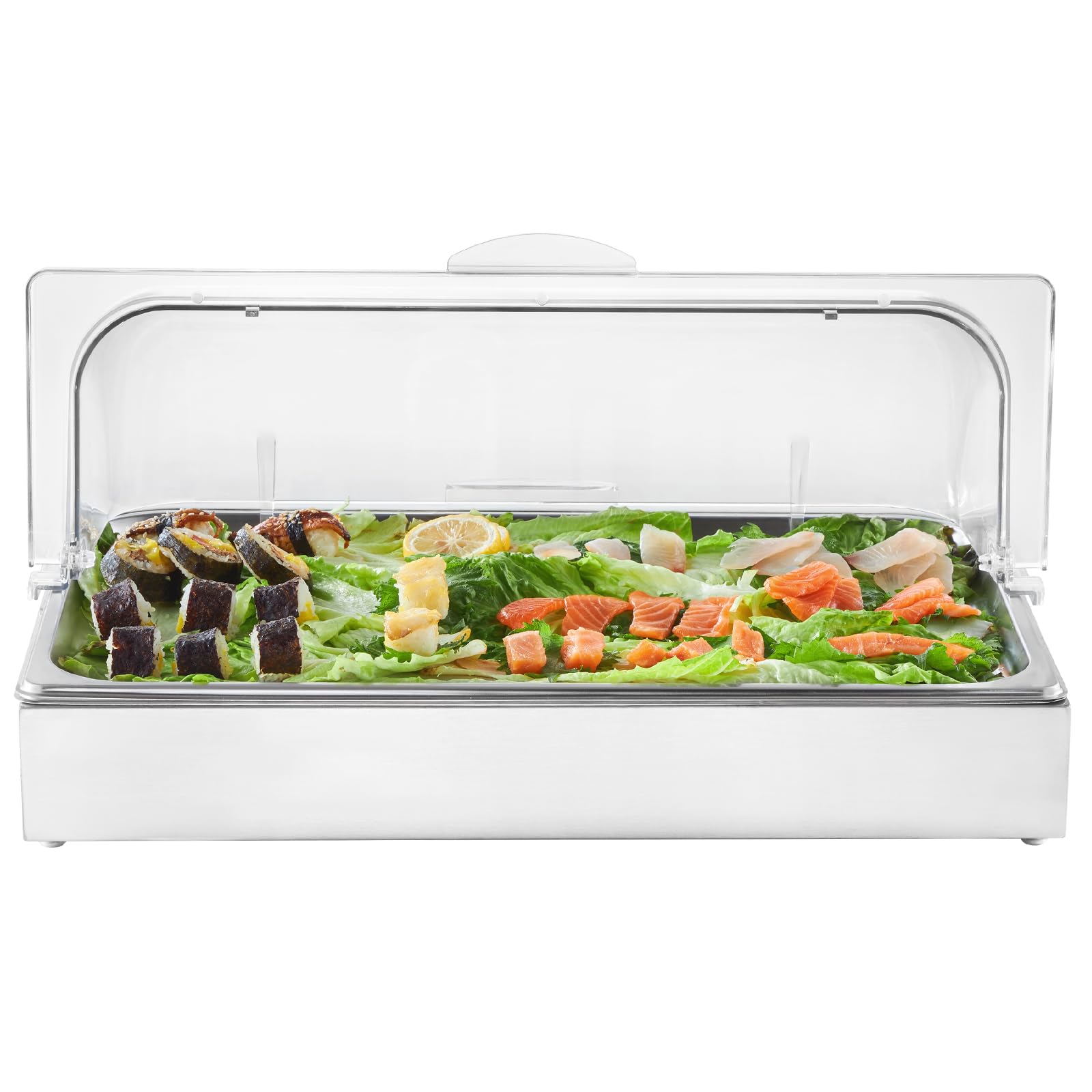 VEVOR Servierbehälter Buffet-Behälter Gastronormbehälter aus Edelstahl (1 Behälter), Präsentationsständer mit transparentem Deckel & 3 Eiswürfelschalen für Restaurant Hotel Küche