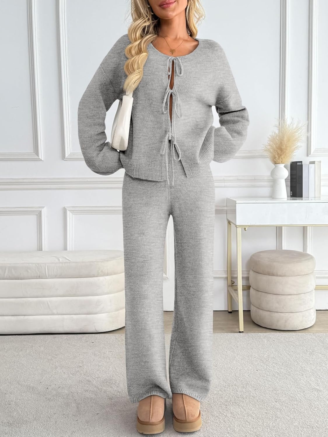 LILLUSORY Womens Lounge Sets 2 Piece Tie Front Oversized Sweater Airport Travel Winter Outfits 2025 Fall Matching Sweatsuit - Image 2
