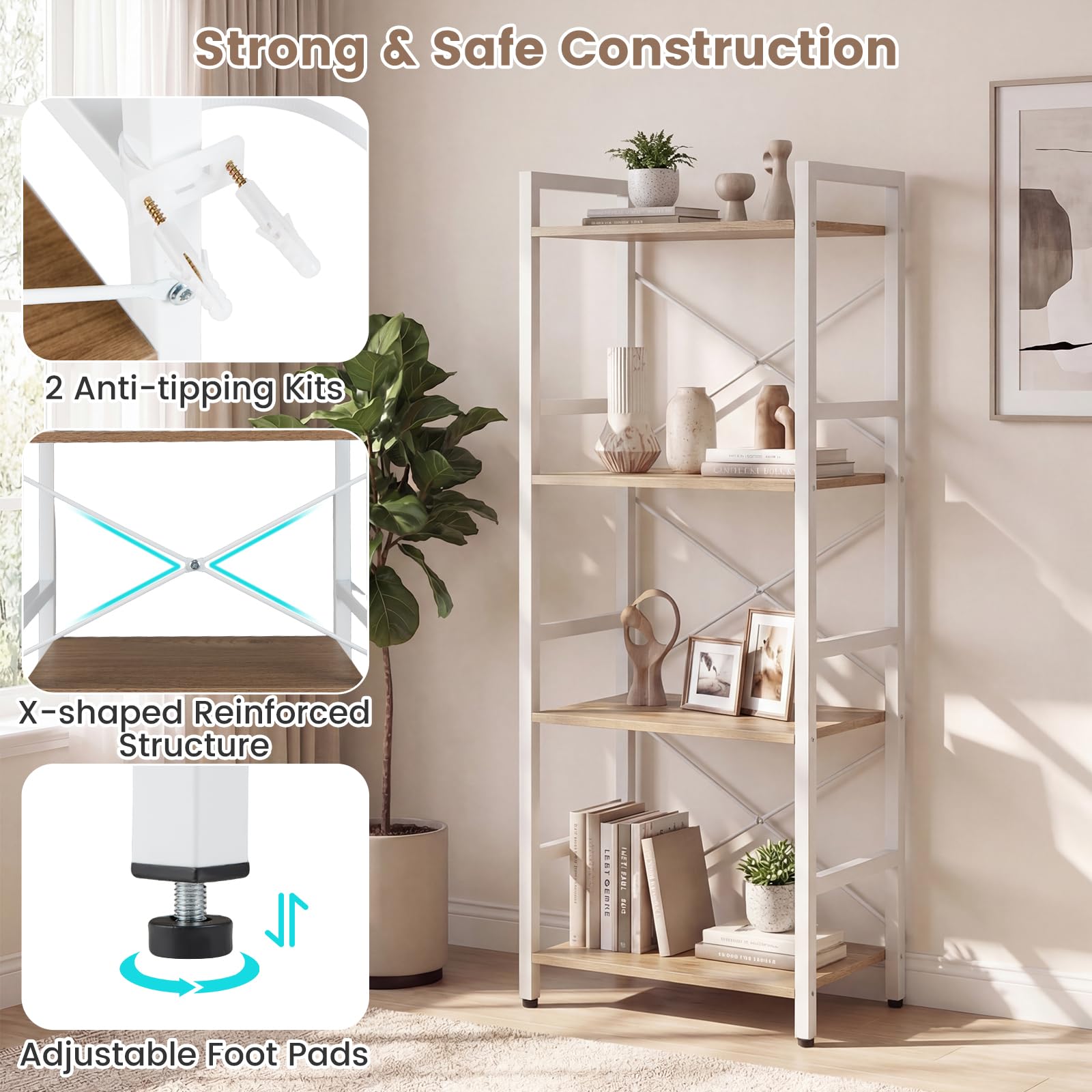 KOMFOTTEU Estantería de 4 Niveles, Librería Vertical con Estantes Abiertos, Mueble Almacenamiento Estrecha con Estructura de Metal y Dispostivos Antivuelco para Salón, 42x28x100cm (Natural y Blanco)
