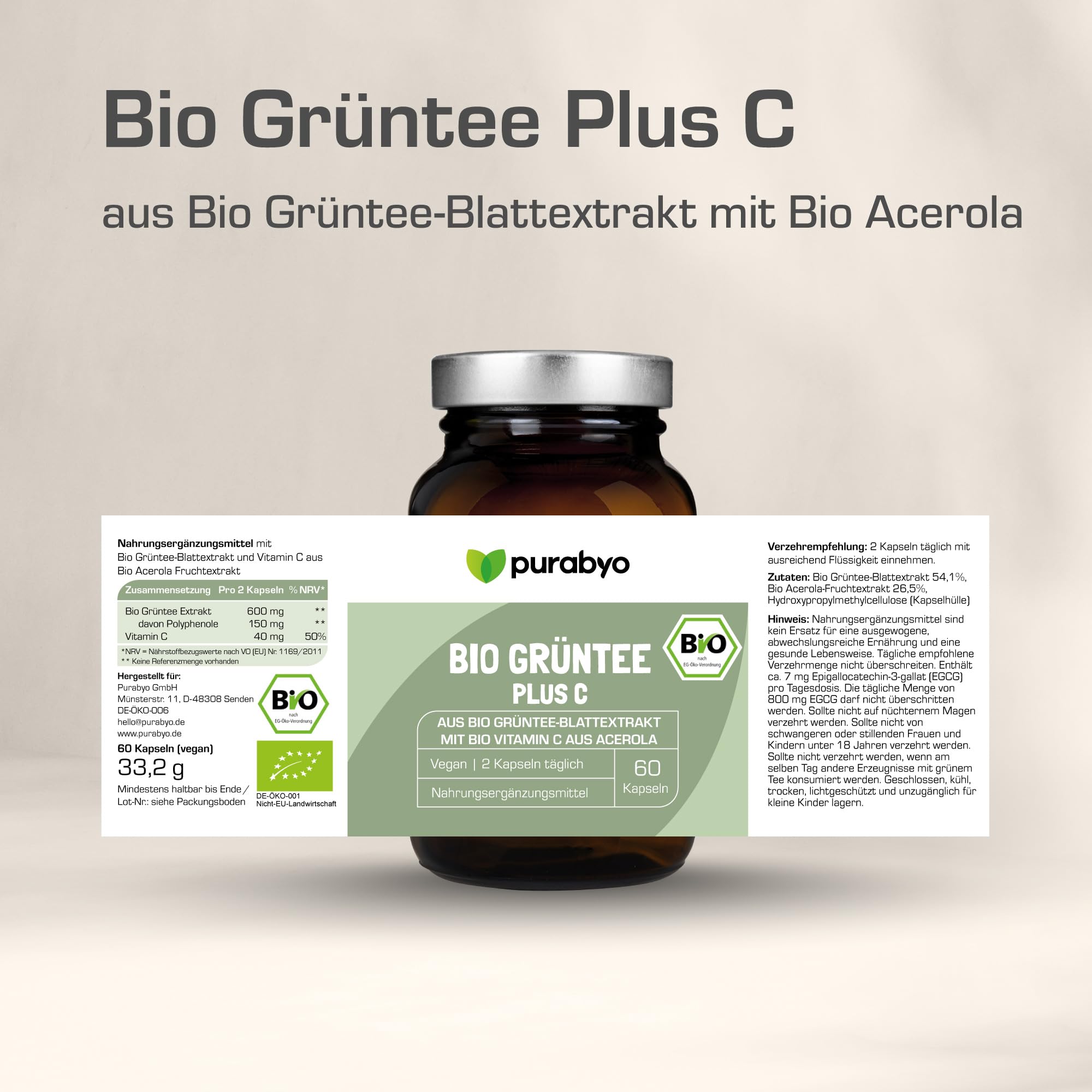 Purabyo BIO Grüntee Plus C | im Glas | Grüntee Extrakt mit 25% Polyphenolen | mit Bio Acerola C | Natürlicher EGCG Gehalt | vegan, laborgeprüft und in Deutschland hergestellt