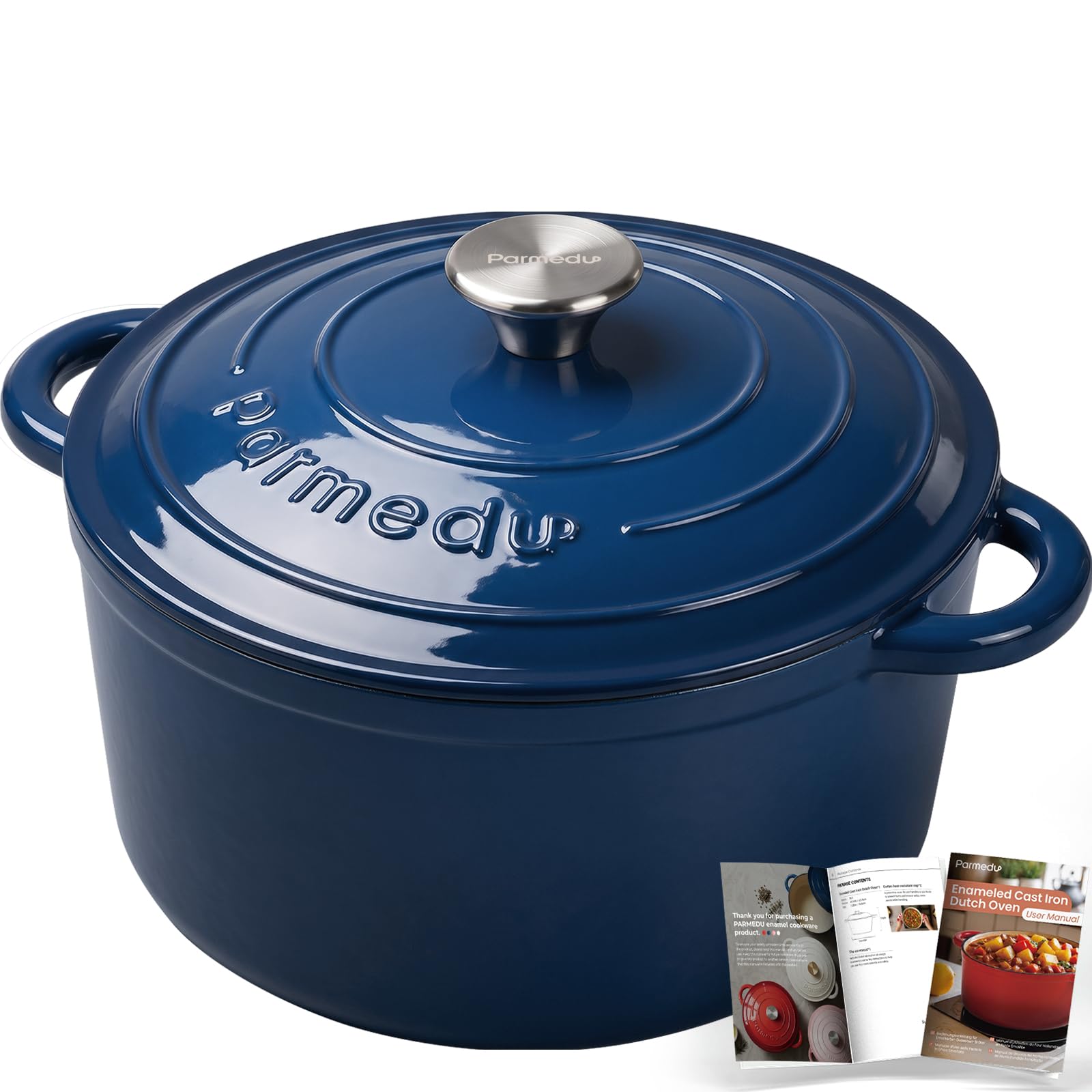 Parmedu Schmortopf aus emailliertem Gusseisen, mit Deckel, Kochbuch, robuster Gusseisentopf mit zwei Griffen zum Schmoren, Eintöpfen, Braten, Brotbacken, Blau, 5,2 l