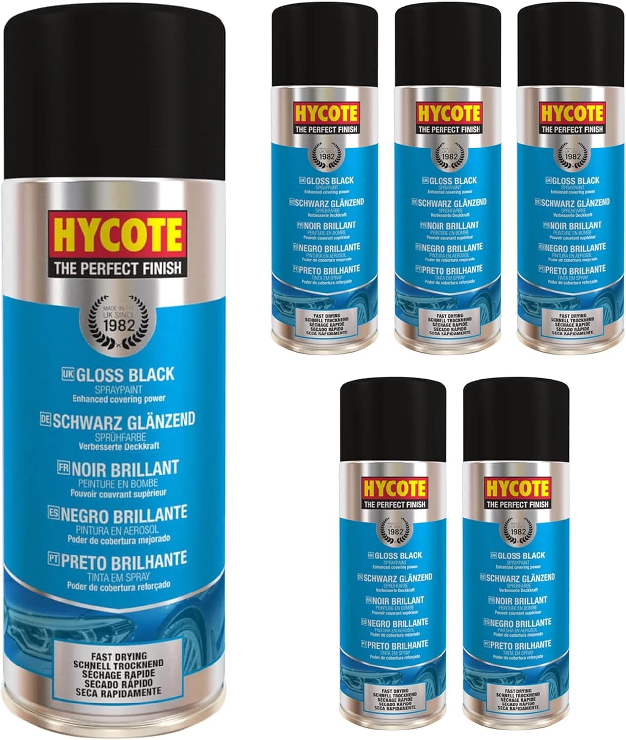 Hycote Botes de Pintura en Spray de Secado rápido para Coches, Negro Brillante, 400 ml (Pack de 6)