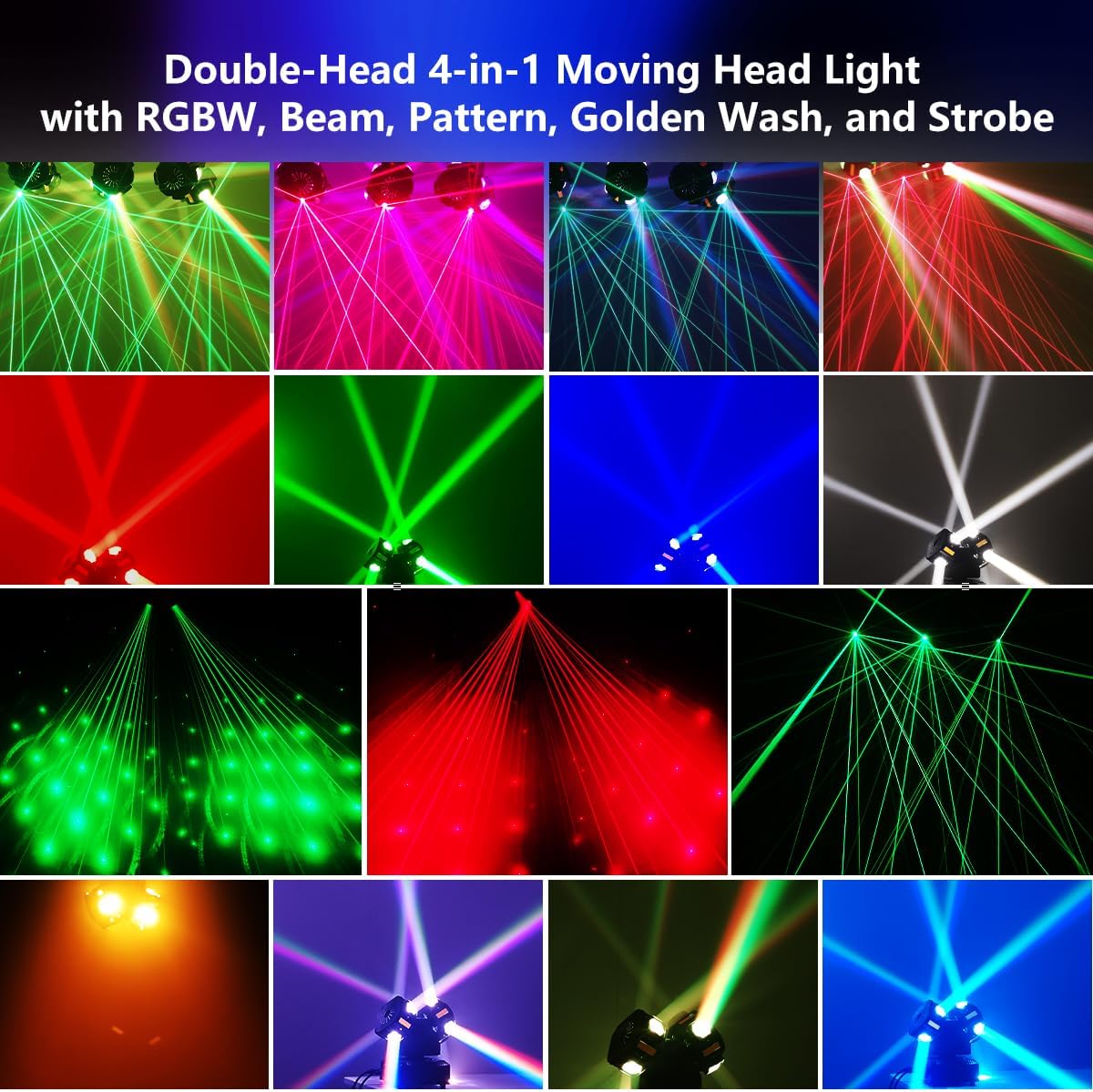 Double Head 4-in-1 RGB Moving Head DJ Light Dual Channel Independent Control RGB Beam Golden Strobe Effects Sound Activated DMX512 Stage Lights for DJ Bar Party Wedding Birthday Celebration