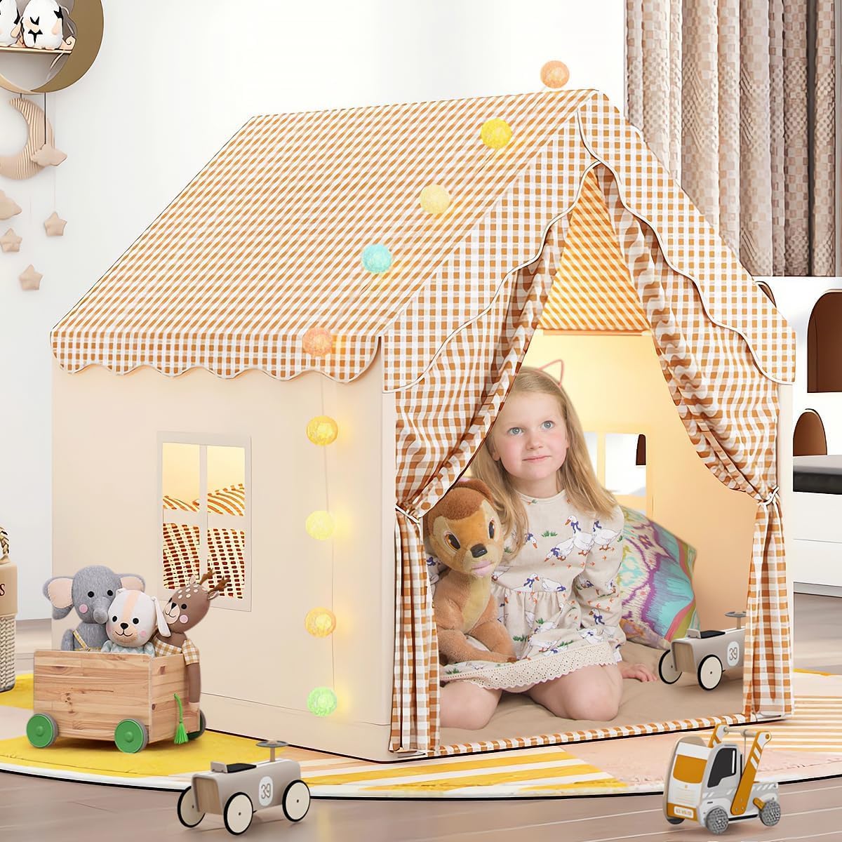 Kinder Spielhaus Indoor,Kinder Bettzelt,Spielzelt für Drinnen,Prinzessin Zelt mit Fenstern, Kinderspielhaus, Kuschelecke Kinderzimmer Dekor(Beige)