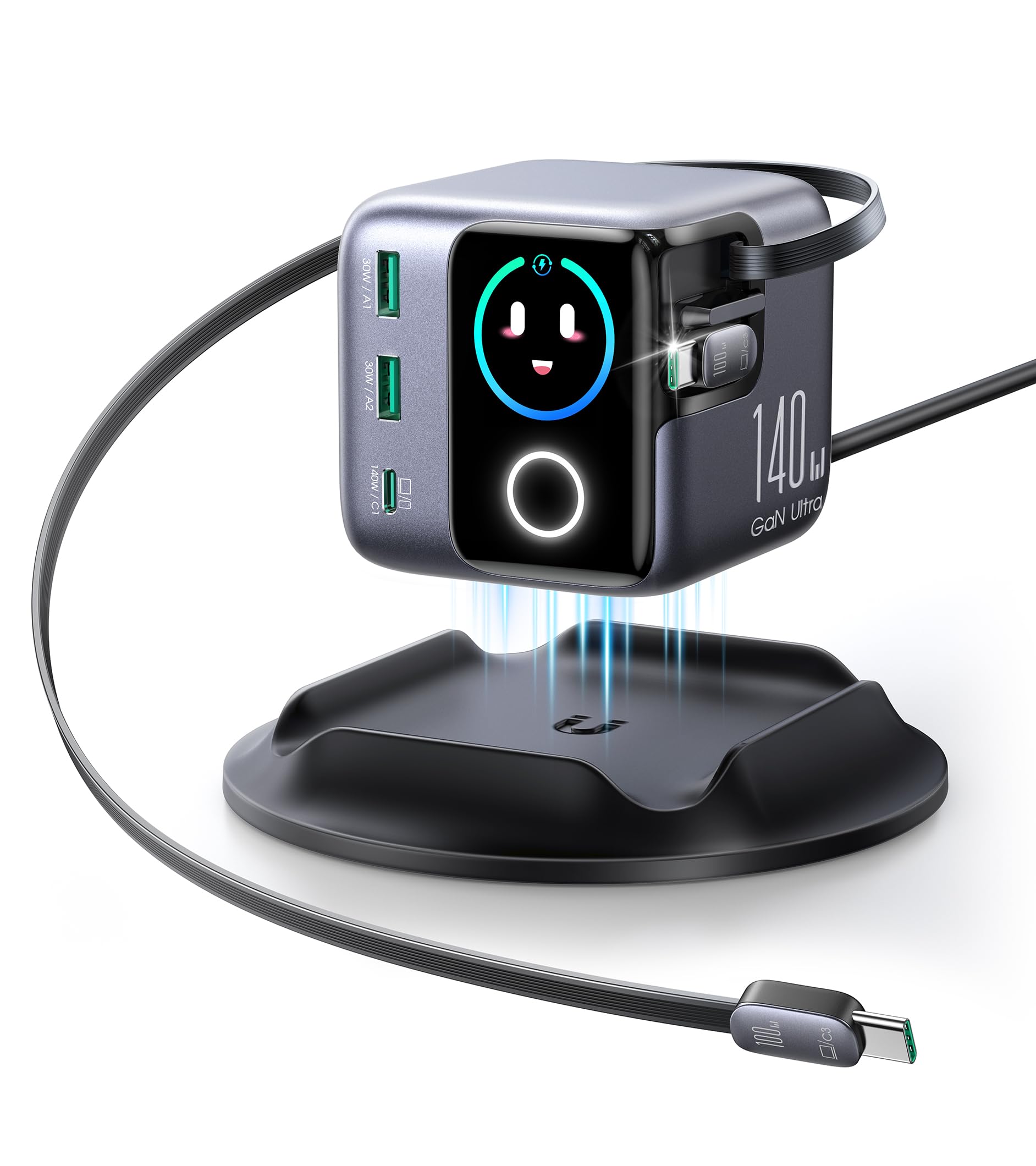 JOYROOM PODIX 5‑in‑1 Stazione di Ricarica 140W GaN, Doppio Cavo Retrattile 100W, Display 1,54" Inteligente, Design Rotante 180°, Compatibilità Universale MacBook, iPhone, Samsung, Ufficio e Casa