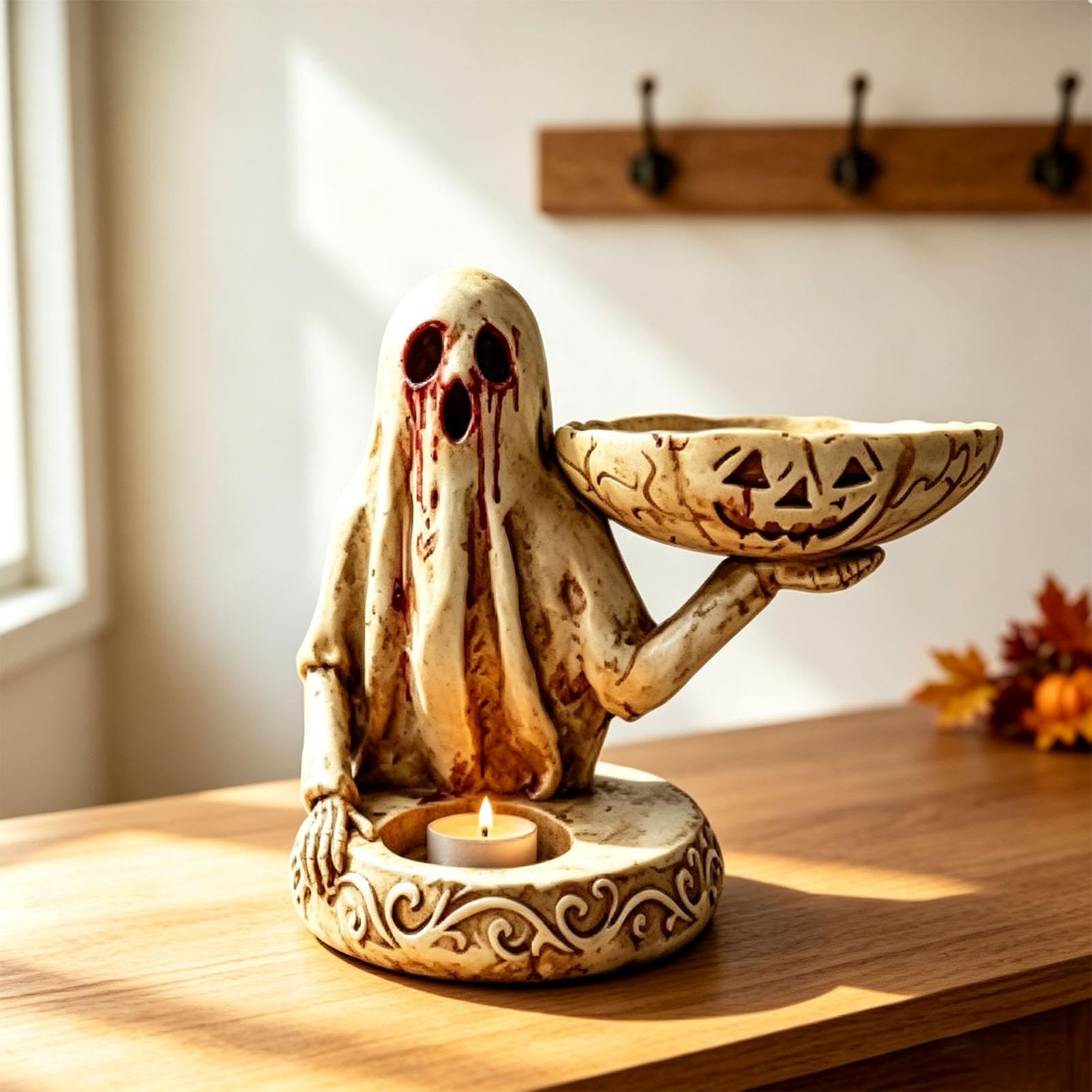 Halloween Tealight Holder Horror Ghost Shape Desk Decor with Tray