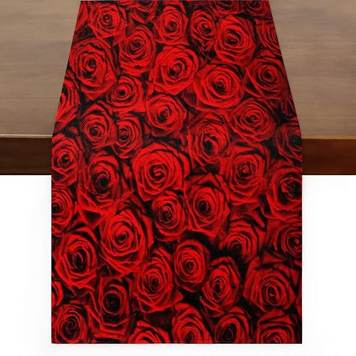 Camino de mesa con rosas de San Valentín, mantel de lino rústico para cocina de granja, cena, eventos, fiesta, decoración de mesa de vacaciones, 13