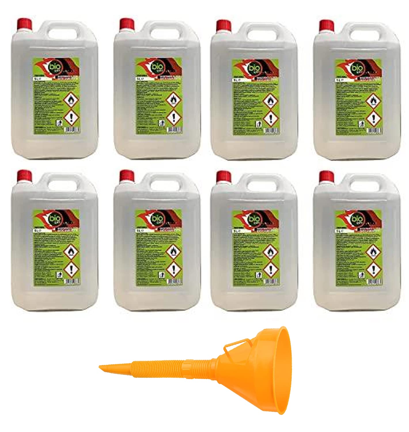 8 Pezzi - 40 Litri - Bioetanolo combustibile stufe Bio Sprint 5 litri 99,9% inodore no fumo naturale no zolfo + Imbuto 145mm
