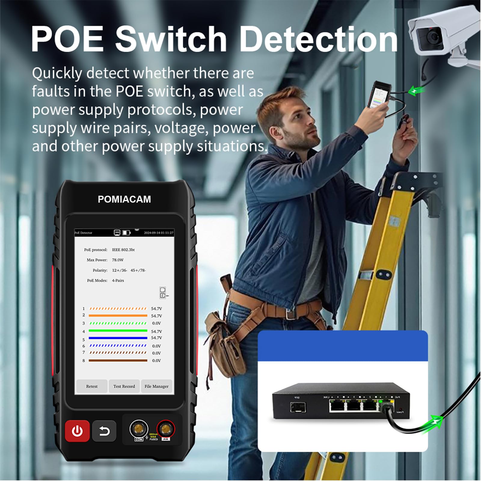 Tester per cavi di rete, tester per cavi UTP, tracker per cavi Ethernet, touch screen IPS da 4 pollici, VFL OPM DMM TDR, misuratore di livello, rilevamento PoE+, RJ45 TDR, misurazione della lunghezza