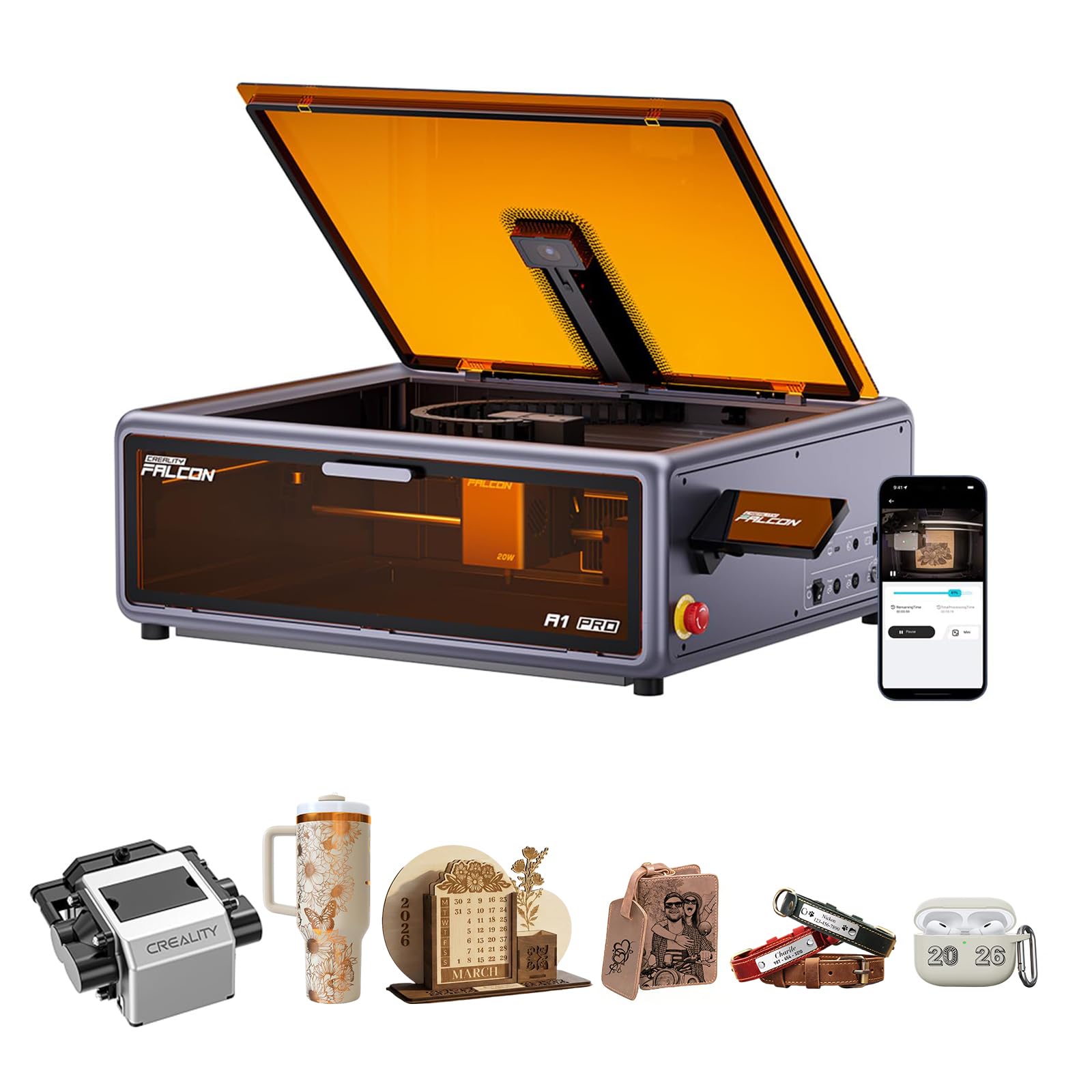 Creality Falcon A1 Pro maszyna do grawerowania laserowego, 20 W, zamknięta, z inteligentnym aparatem, ekranem dotykowym, precyzyjnym autofokusem, sterowaniem za pomocą aplikacji