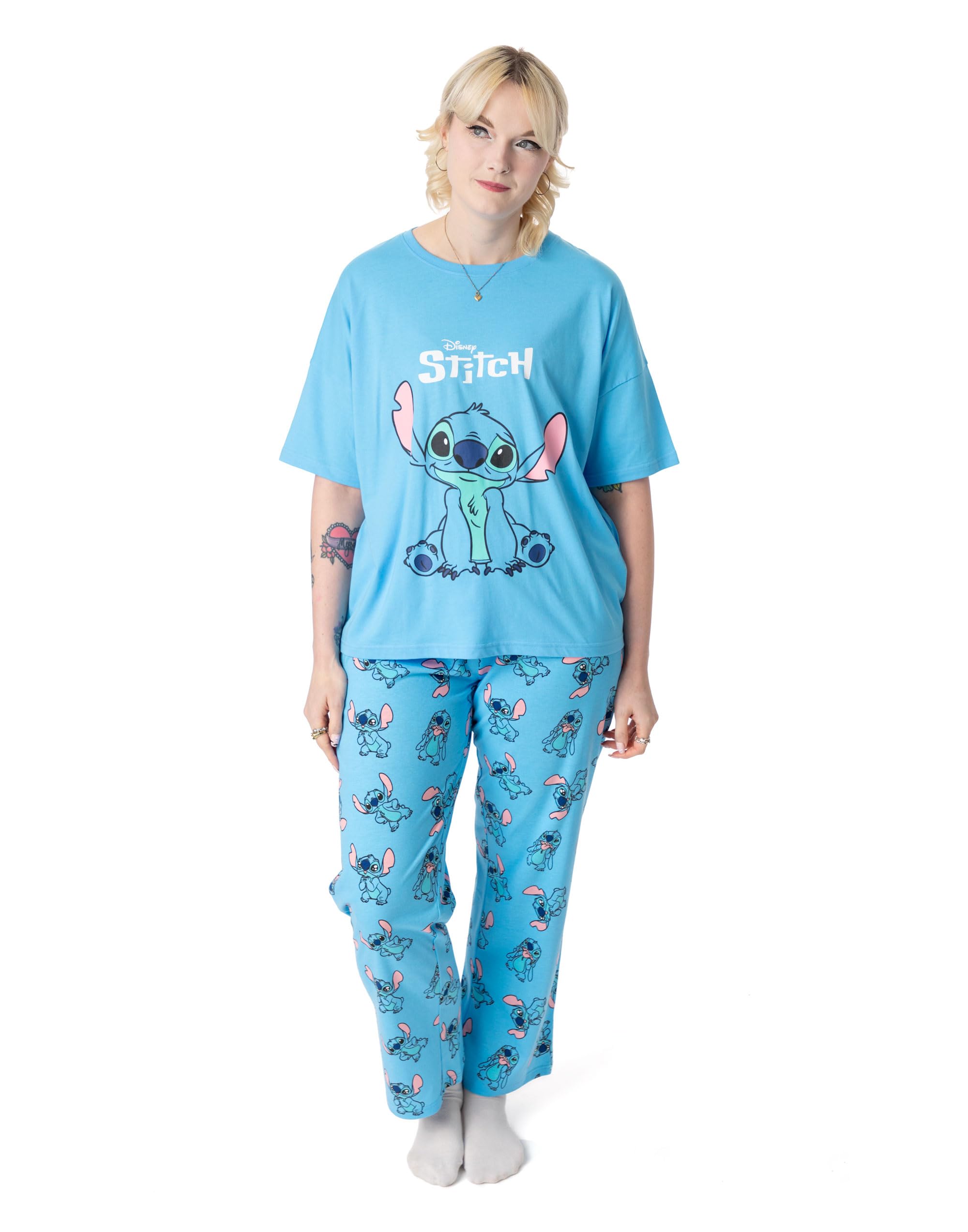 Disney Lilo & Stitch damska piżama zestaw | dorośli ścieg graficzny top z krótkim rękawem i długie nogawki spodnie piżamowe w kolorze niebieskim | damska postać na całej powierzchni bielizna nocna |