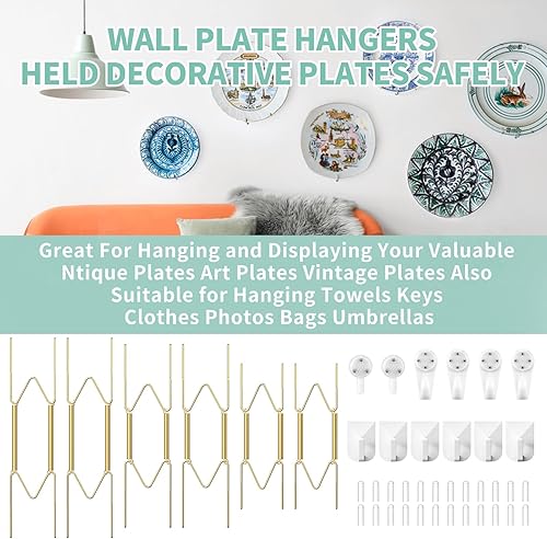 Miniatura 2 de Soportes para platos para exhibir en la pared, 6 soportes de placa de pared de 101214 pulgadas, material de acero inoxidable dorado, colgador de