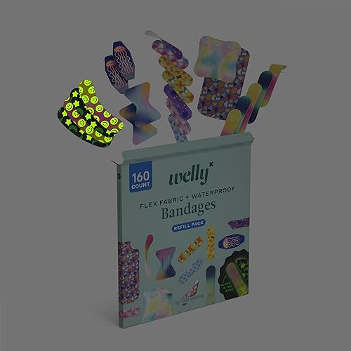Miniatura 5 de Welly Bandage Large Refill Pack | Adhesive Flexible Fabric, Glow-in-The-Dark & Waterproof Bandages | Assorted Shapes and Patterns for Minor Cuts,
